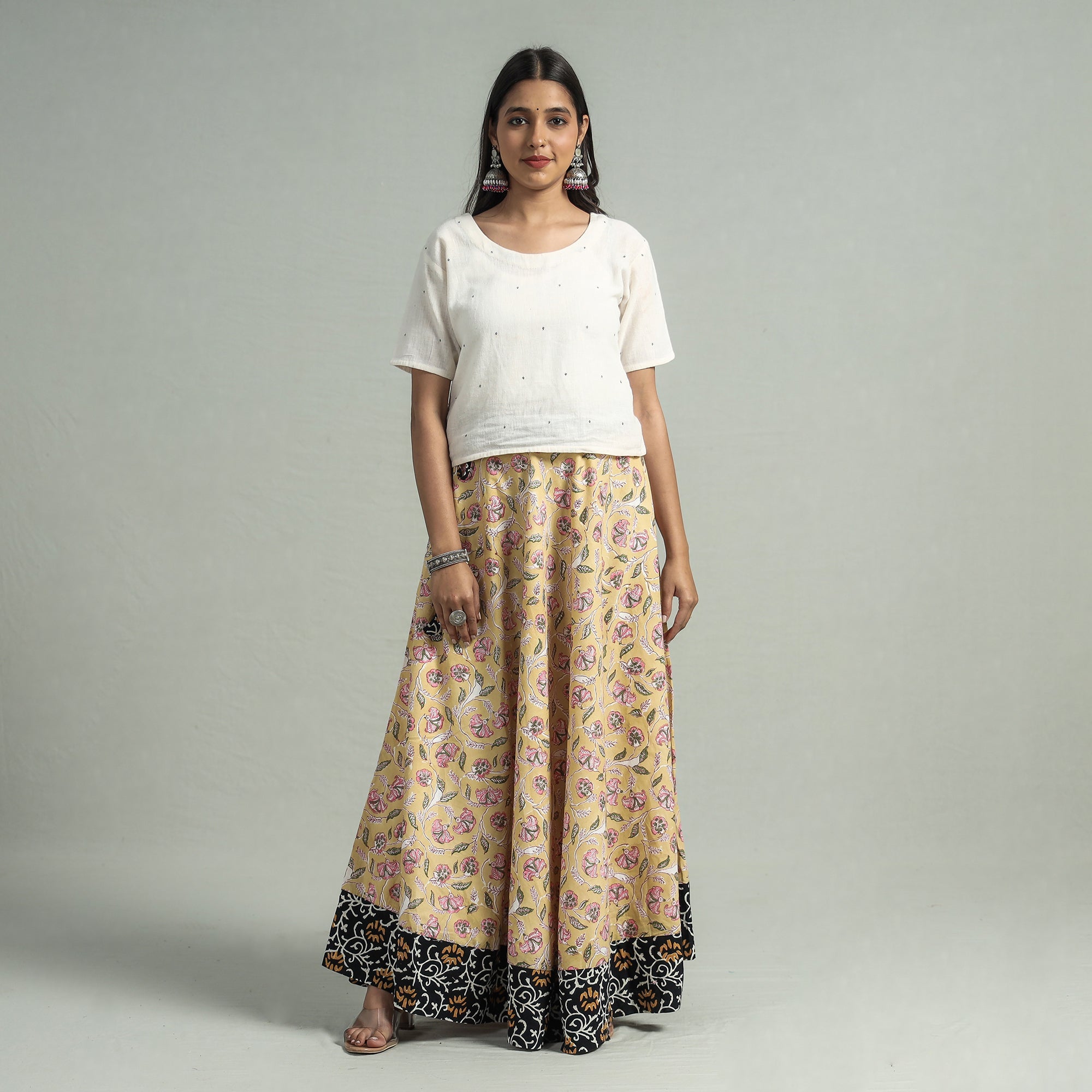 NOORI BAZAR Beige - Sanganeri Block Printed Cotton Long Skirt