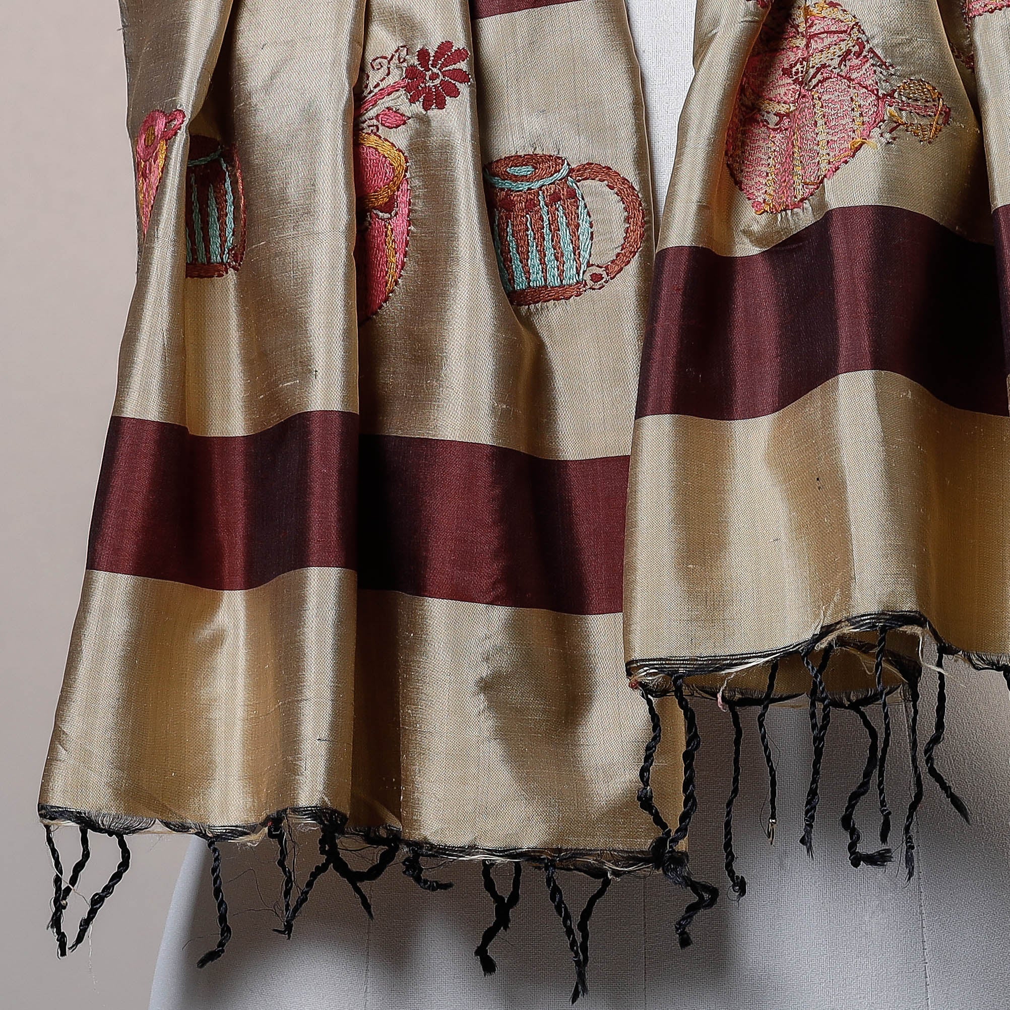 KHUSHBASH - HAPPY LOOM OF EAST Brown - Bengal Kantha Embroidered Tussar Silk Handloom Stole - view 2