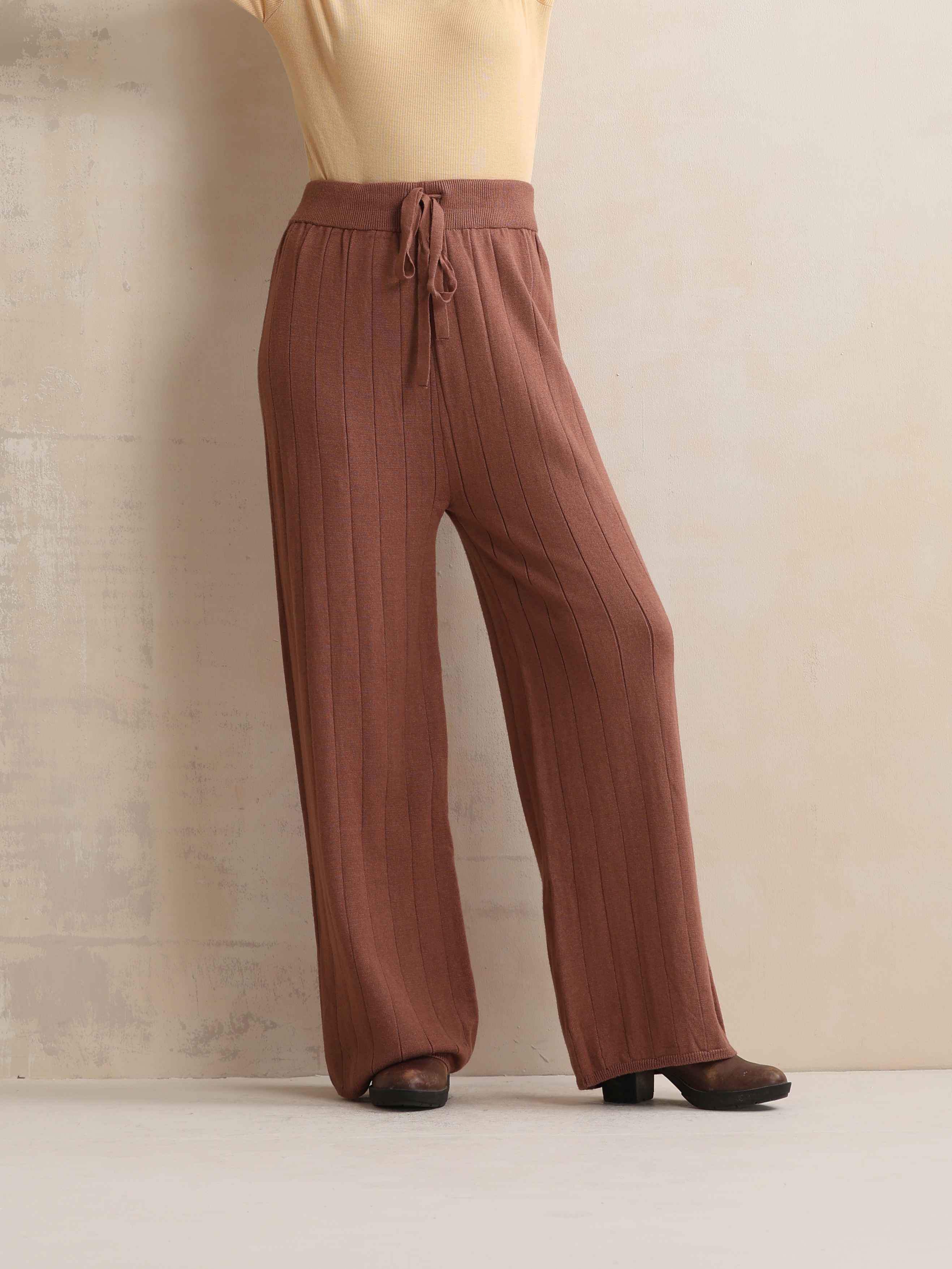 trueBrowns Peach Woollen Flared Pants - view 2