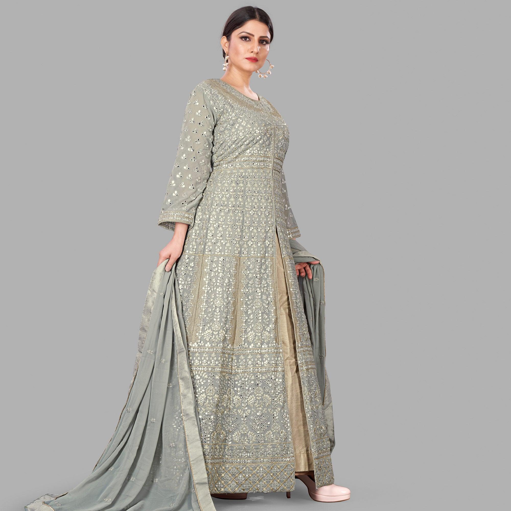Peachmode Seller Grey Partywear Embroidered Heavy Faux Georgette A line Anarkali suit - view 3