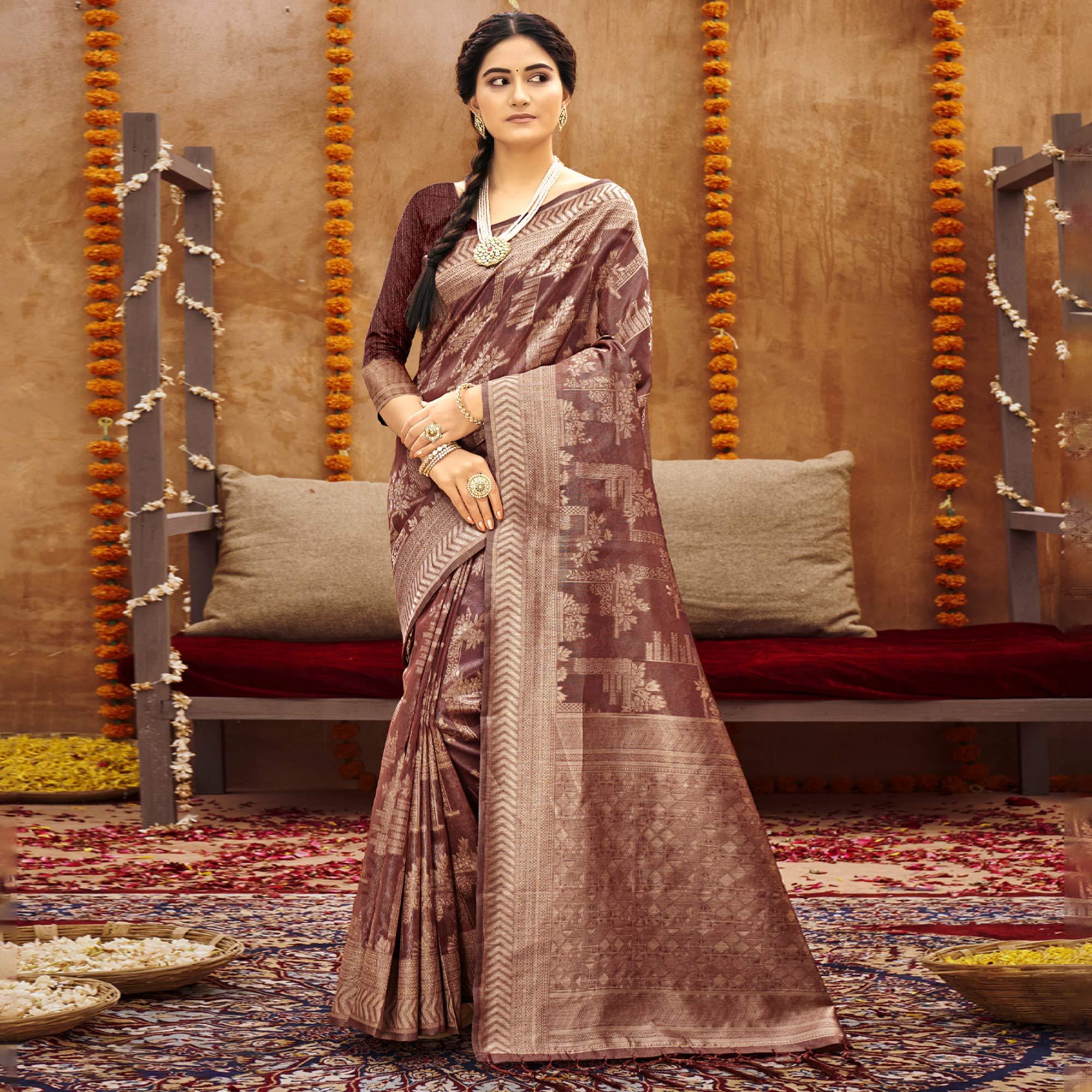 Peachmode Maroon Woven Art Silk Saree – Women's