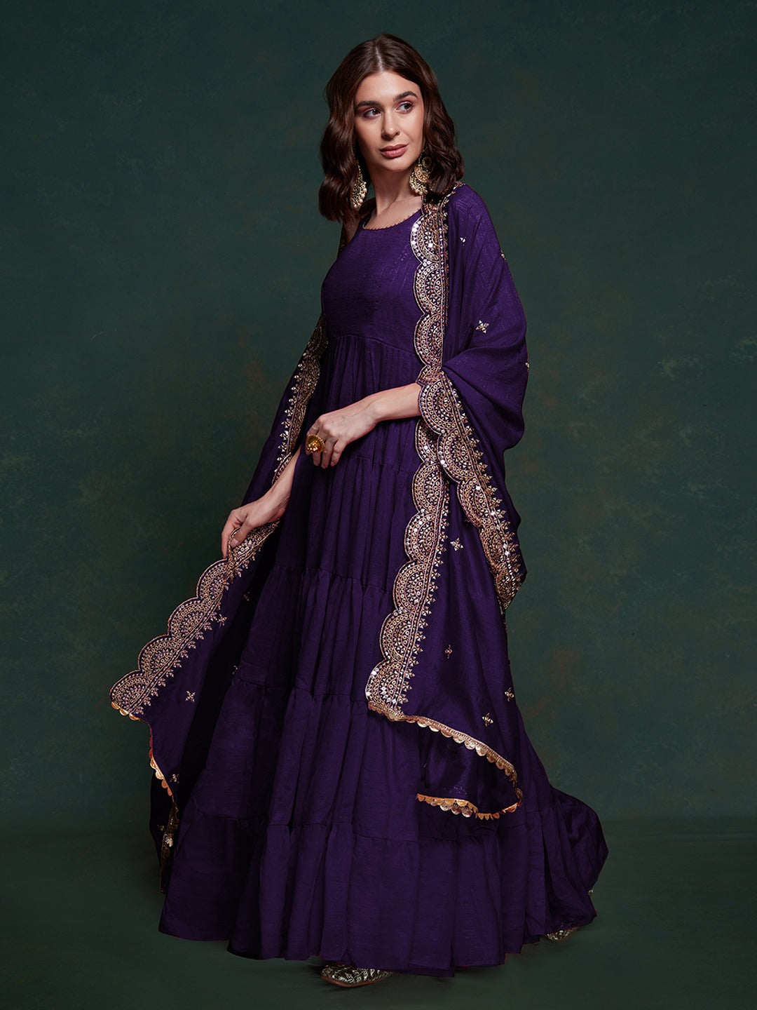ClothsVilla Purple Silk Gown with Sequins and Zari Embellishments - view 6
