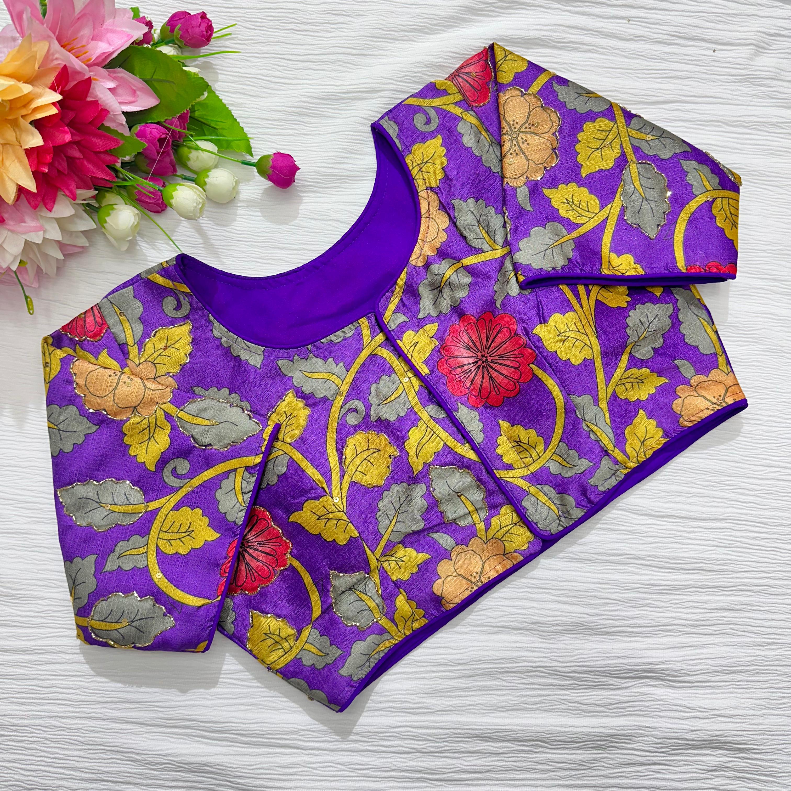 ClothsVilla Purple Pure Silk Blouse with Antique Handcrafted Detailing - view 2