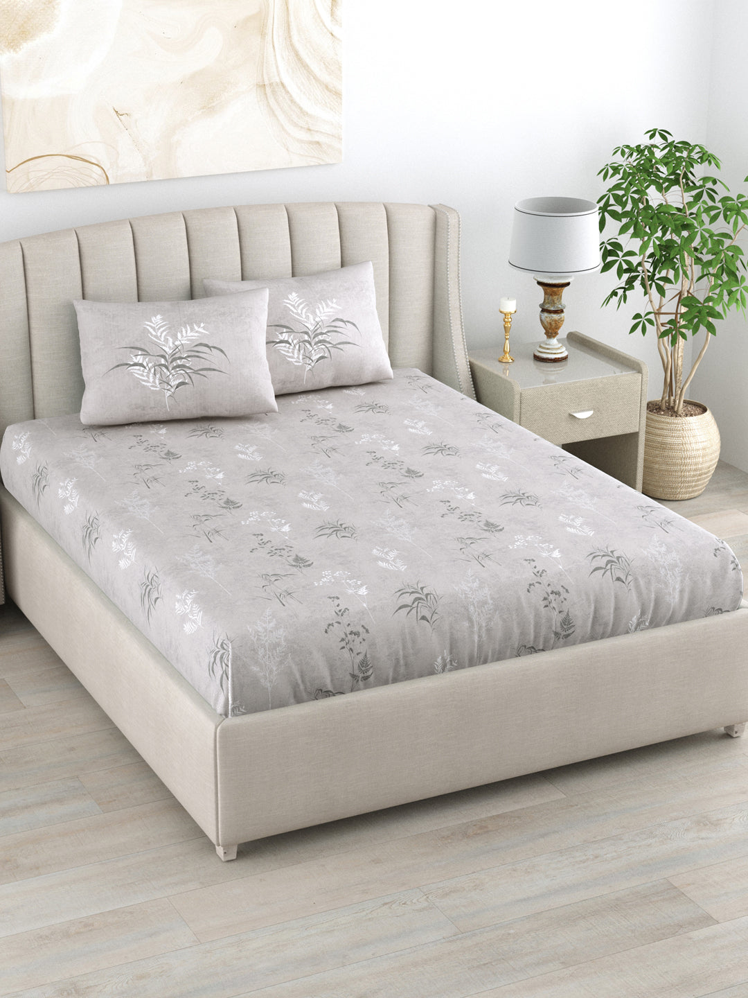 Urban Space -Home Furnishing Store 220 TC 100% Cotton Single Printed Bedsheet Pillow Covers - Summer Bloom Grey - view 2