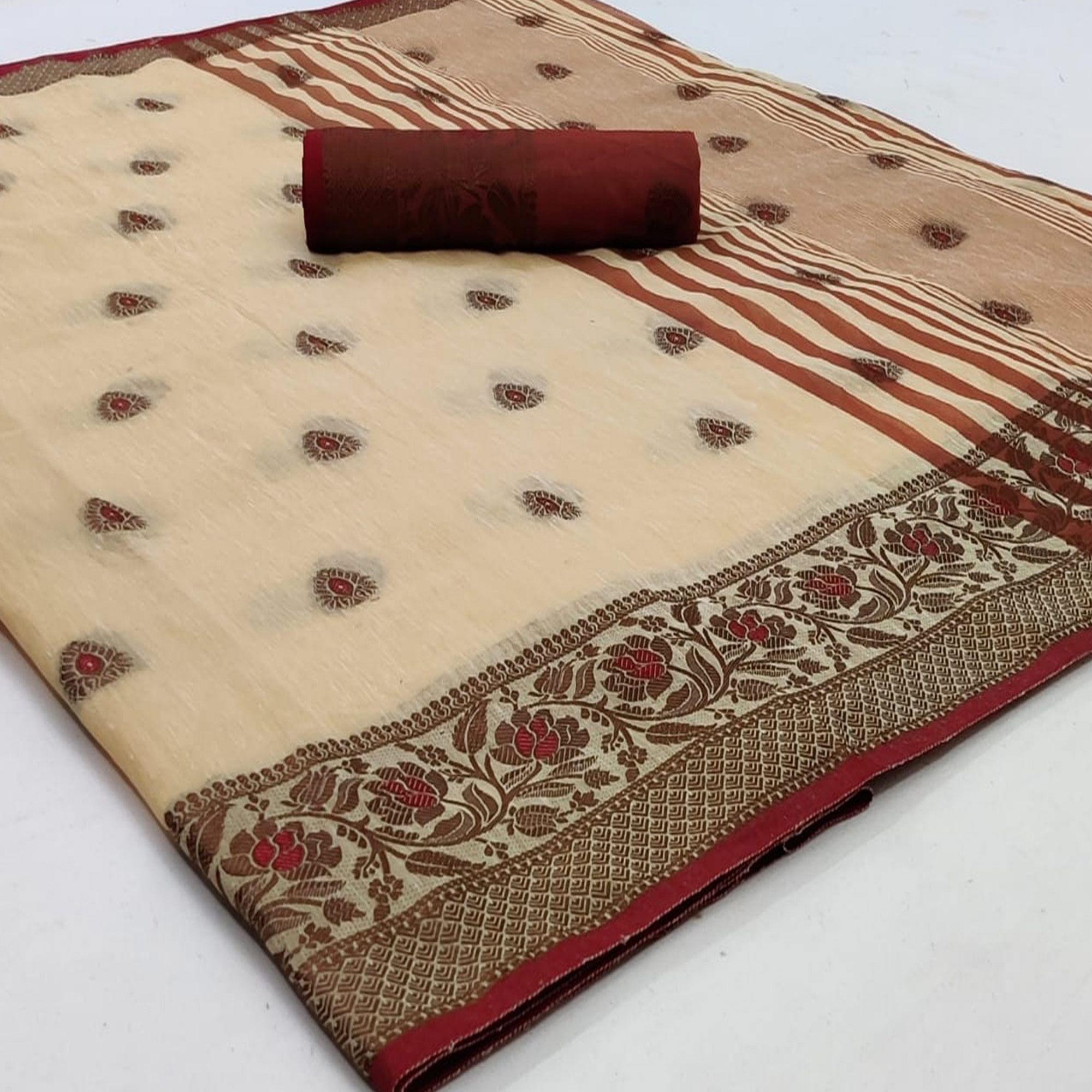 Peachmode Chikoo Festive Wear Zari Butta Woven Heavy Linen Saree