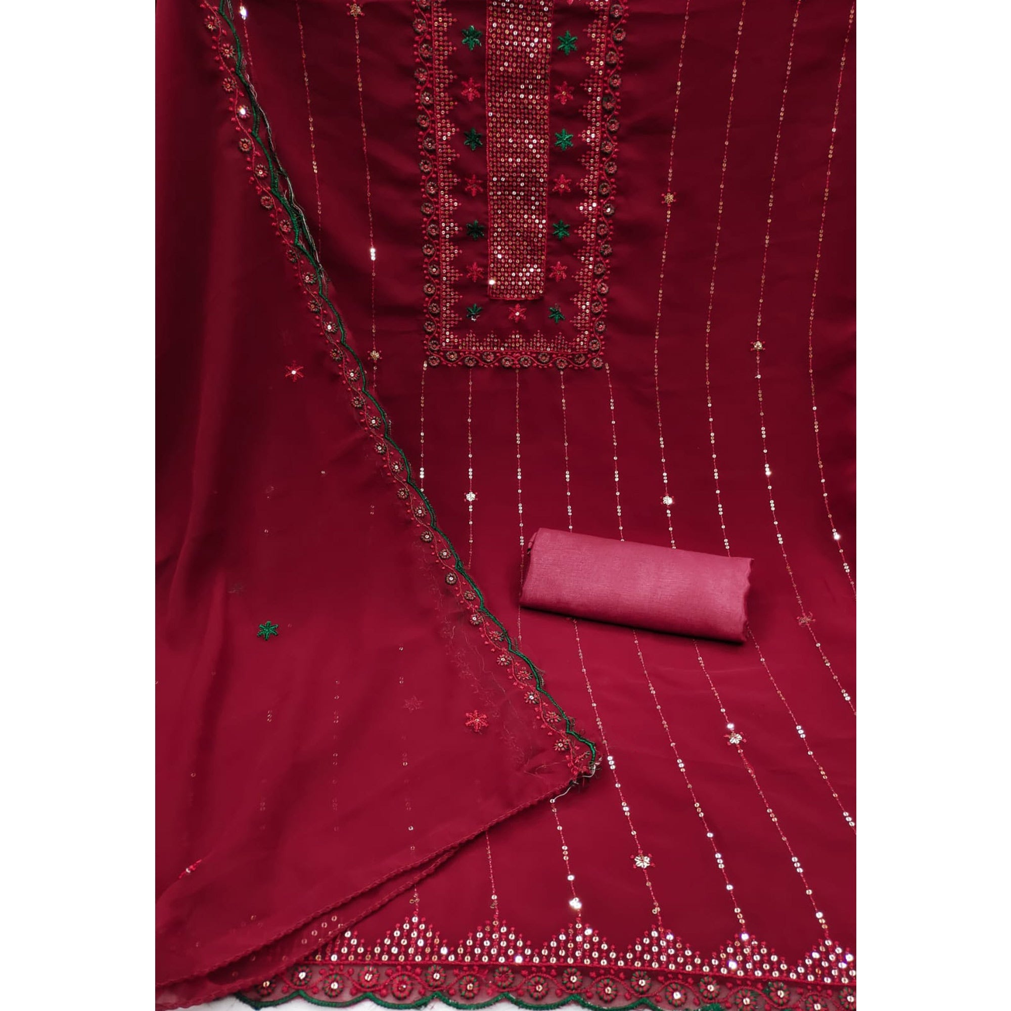 Peachmode Maroon Sequins Embroidered Georgette Dress Material - view 3
