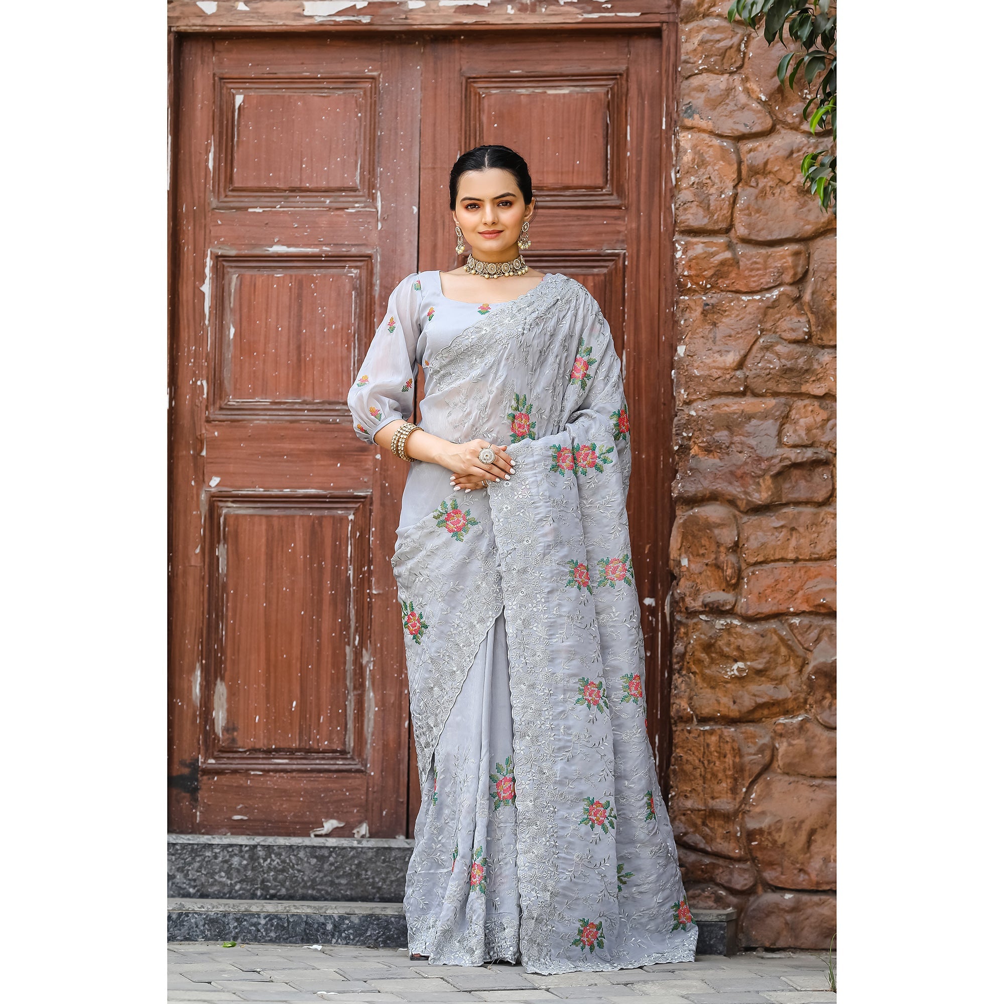 TASARIKA COUTURE Ankita Grey Chiffon Handwork Saree