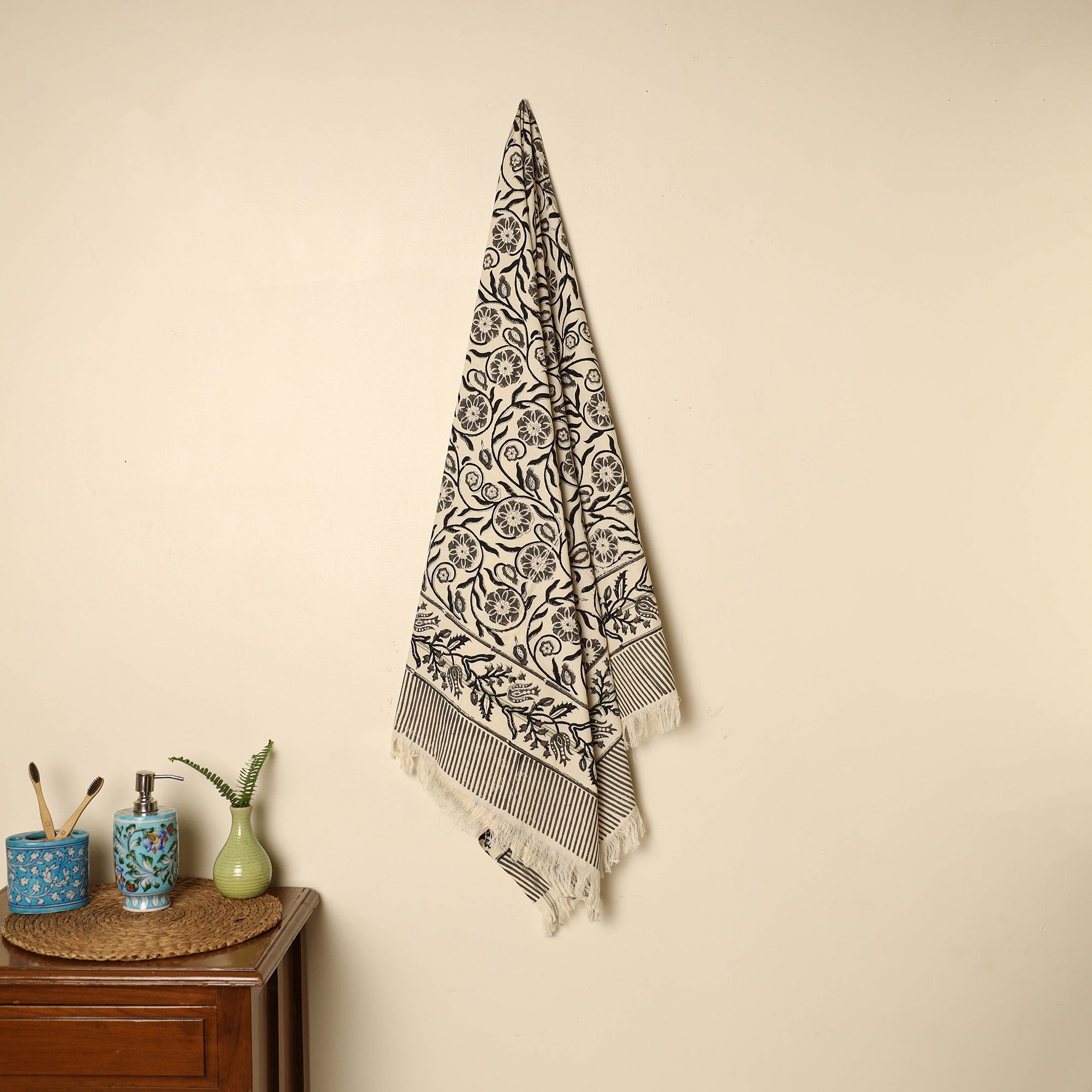 ARTISAN HAND BLOCK PRINTS Black - Block Printed Handloom Cotton Sanganeri Towel 42