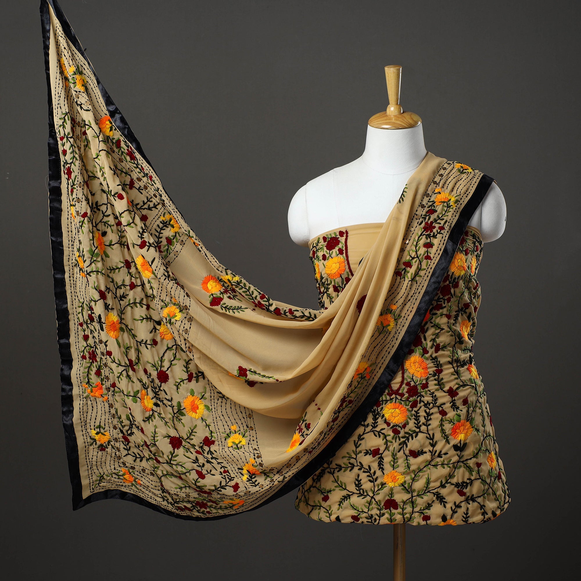 ITOKRI CRAFTS INITIATIVE Brown - 3pc Hand Embroidery Georgette Phulkari Dress Material 32