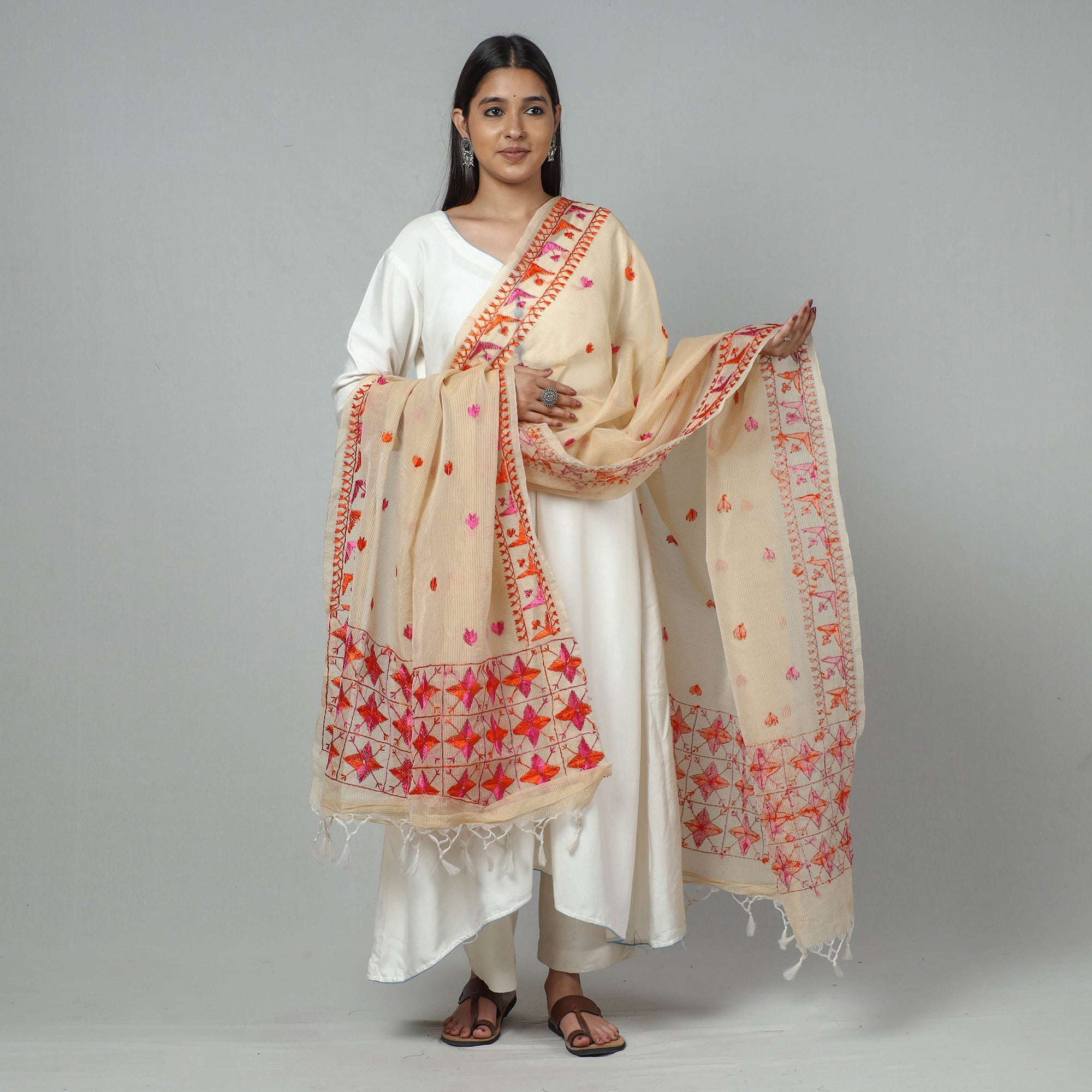 ITOKRI CRAFTS INITIATIVE Beige - Phulkari Hand Embroidery Kota Doria Silk Dupatta with Tassels - view 2