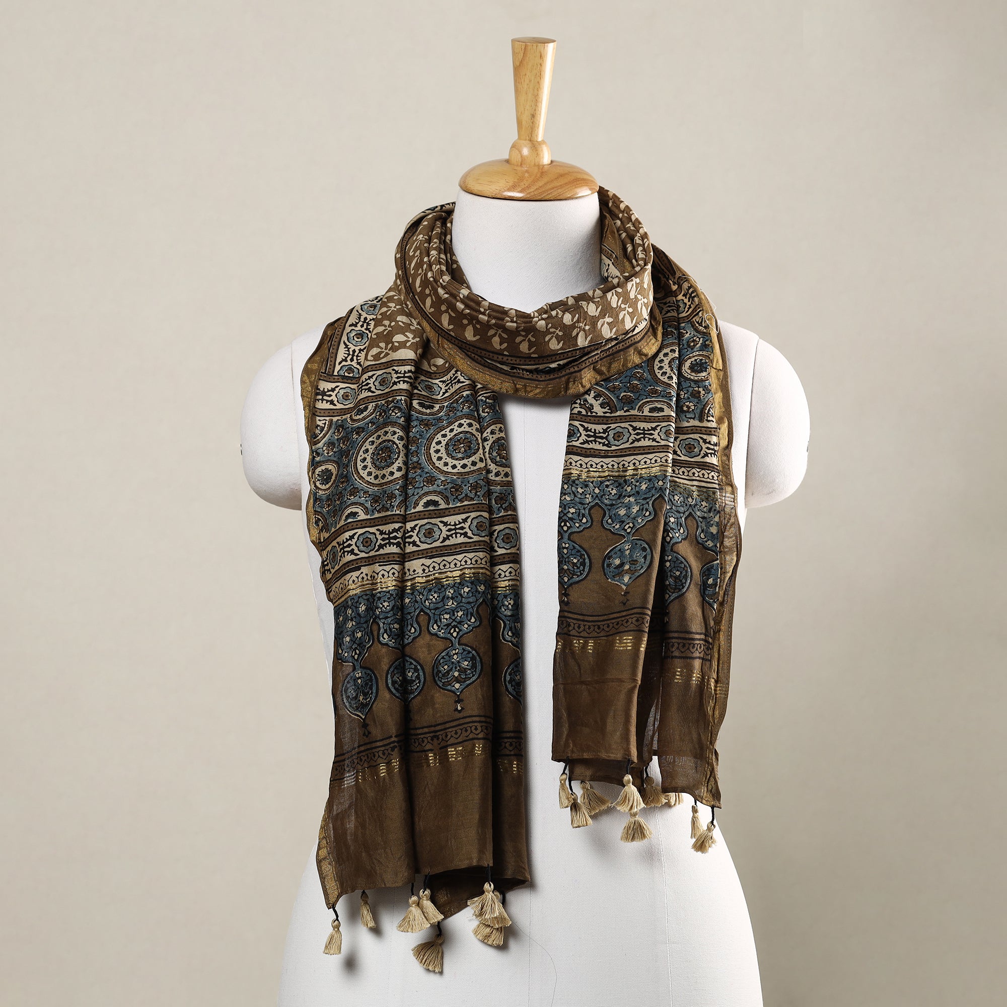 AJRAKH BY SUFIYAN ISMAIL KHATRI Brown - Ajrakh Hand Block Printed Chanderi Silk Handloom Stole with Tassels