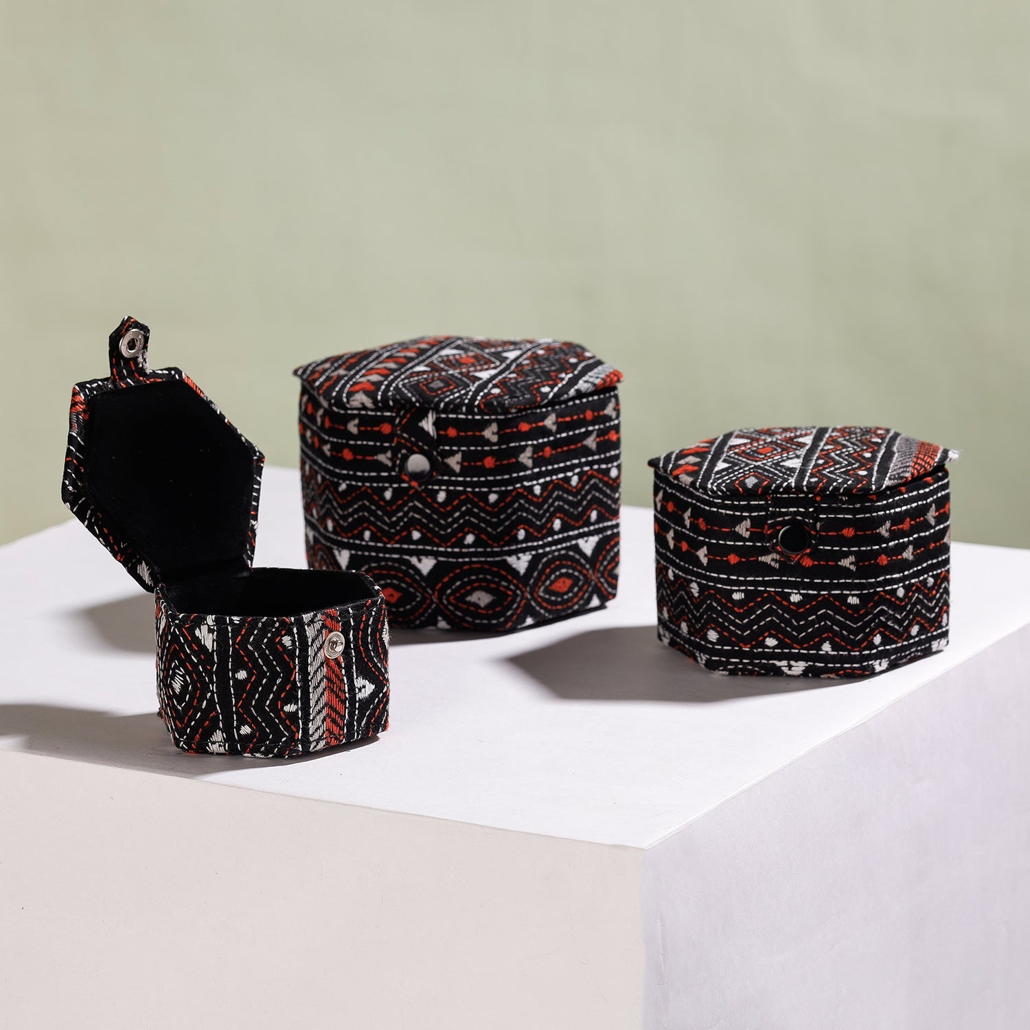 ASALKAAR Black - Bengal Kantha Work Handcrafted Hexagon Jewelry Box (Set of 3) - view 2