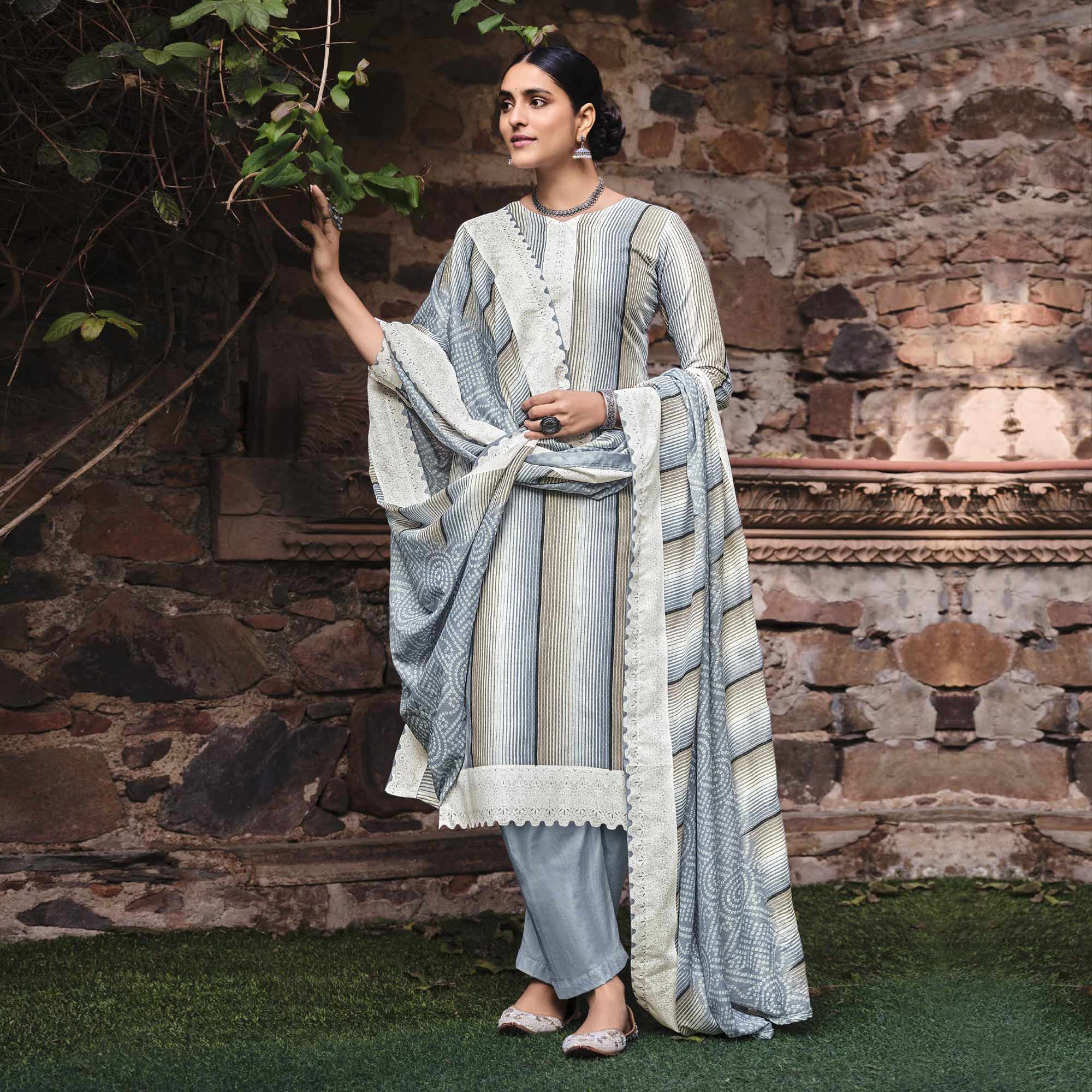 Peachmode Grey Printed Pure Cotton Salwar Suit