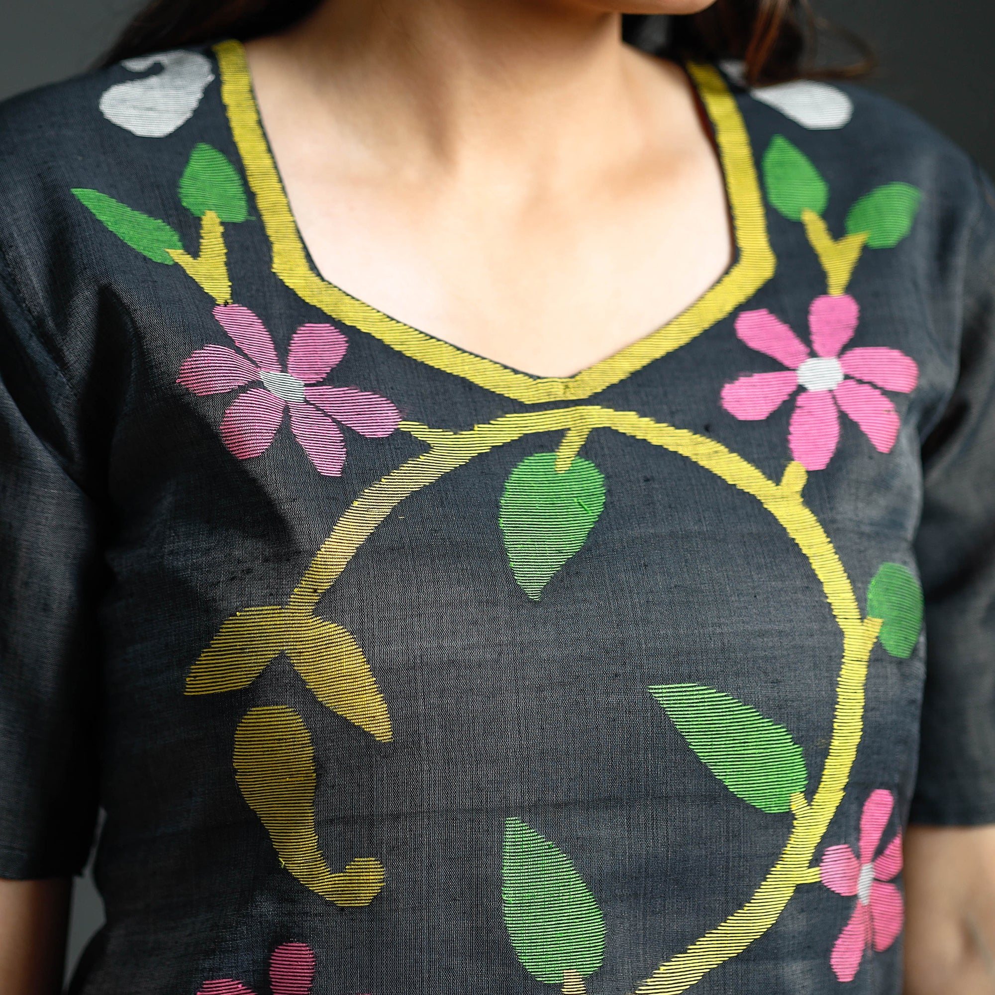 ITOKRI CASUALS Black - Dark Grey & White Phulia Jamdani Handloom Silk Cotton Kurta with Palazzo & Dupatta Set - view 4
