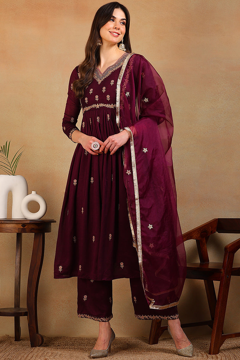 Ahika Purple Silk Blend Solid Embroidered Flared Empire Suit Set PKSKD2146 - view 3