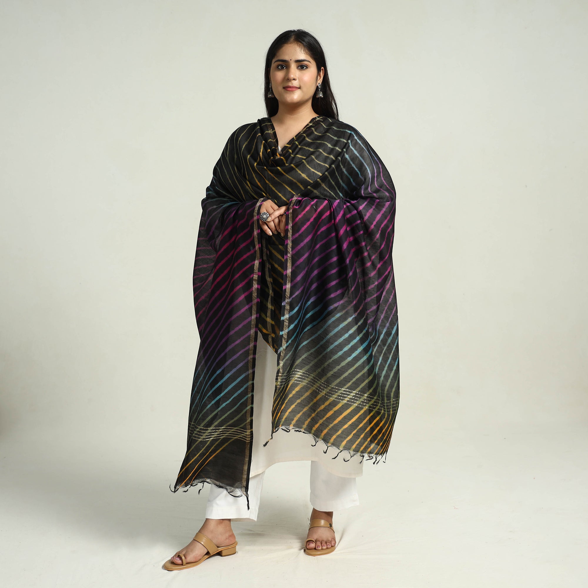 LEHARIYA BY BADSHAH MIYAN Black - Traditional Tie & Dye Chanderi Silk Leheriya Dupatta 45