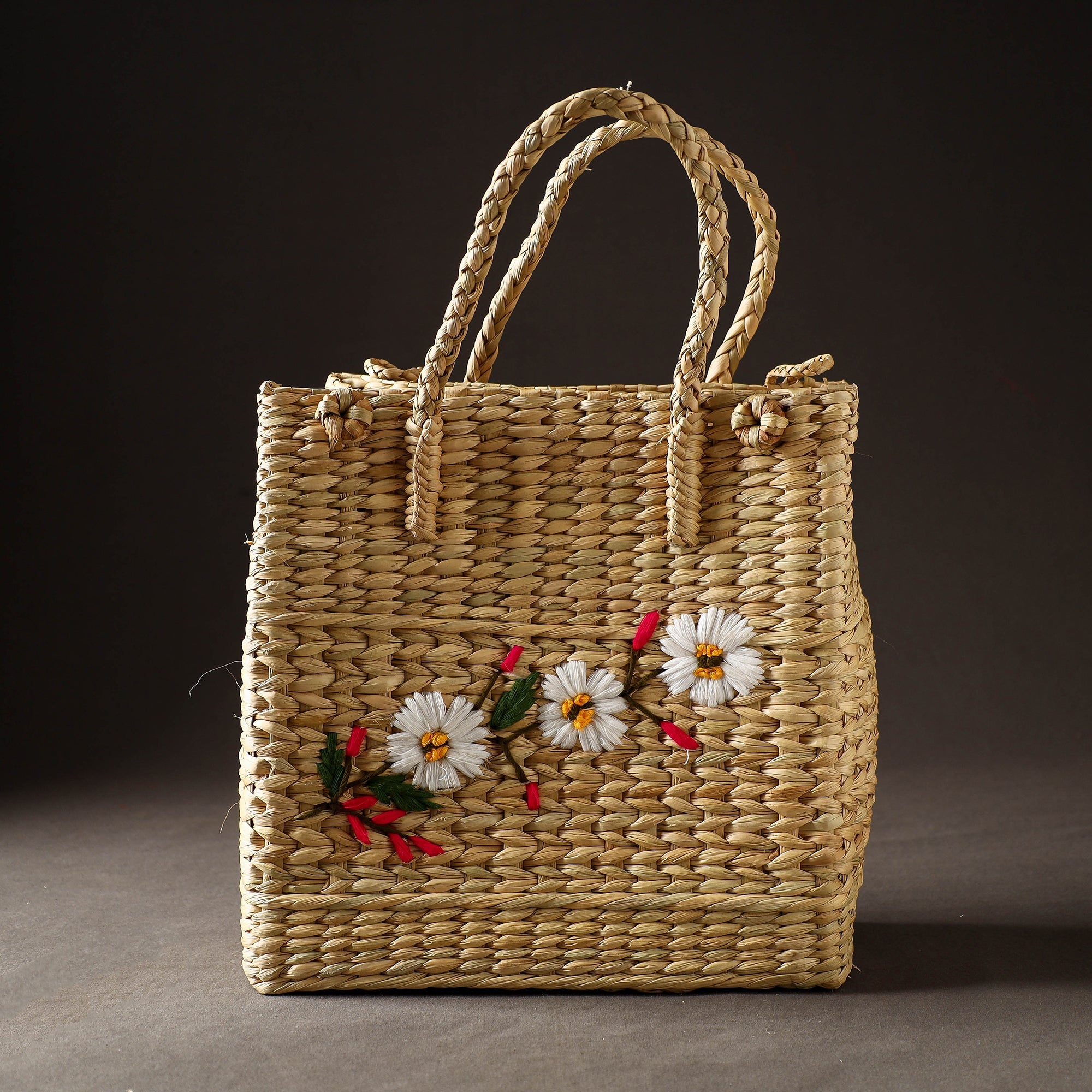 ITOKRI CRAFTS INITIATIVE Beige - Handcrafted Natural Water Reed Embroidered Shopping Bag
