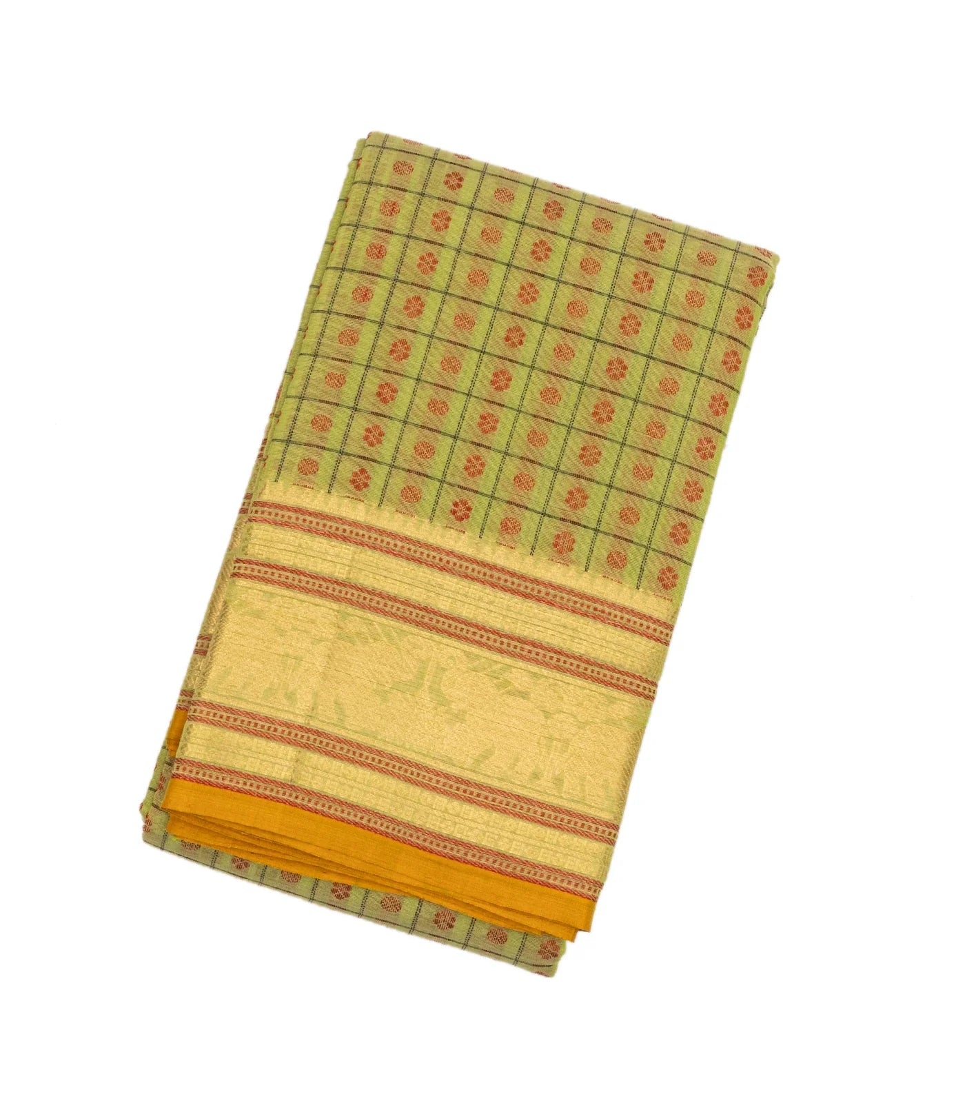 RmKV Cardamom Green Handloom Kanchi Cotton Saree With Checks & Kamalam Motifs