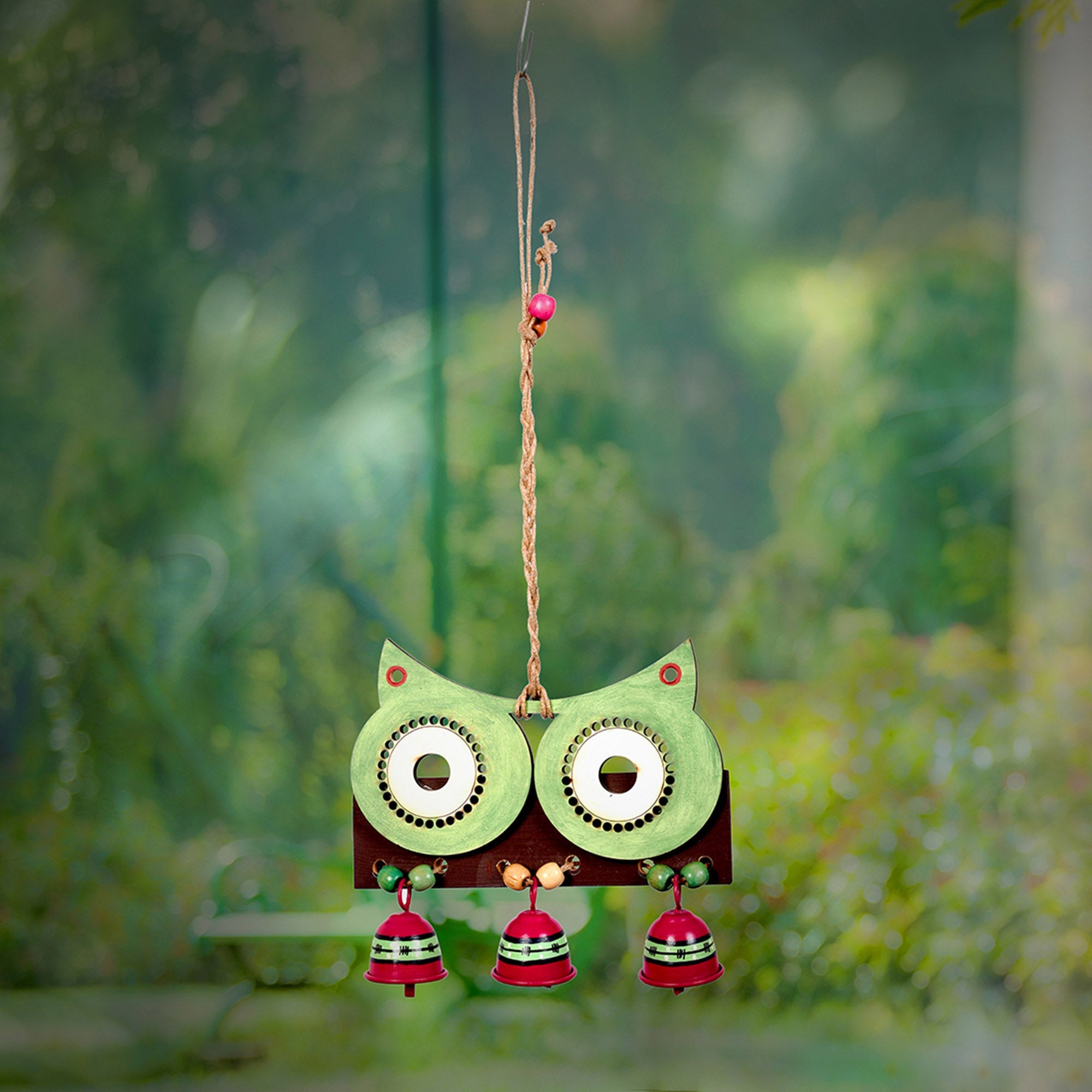 ART CREATIONS BY SUMAN SONTHALIA Big Owl Windchime with Three Metal Bells