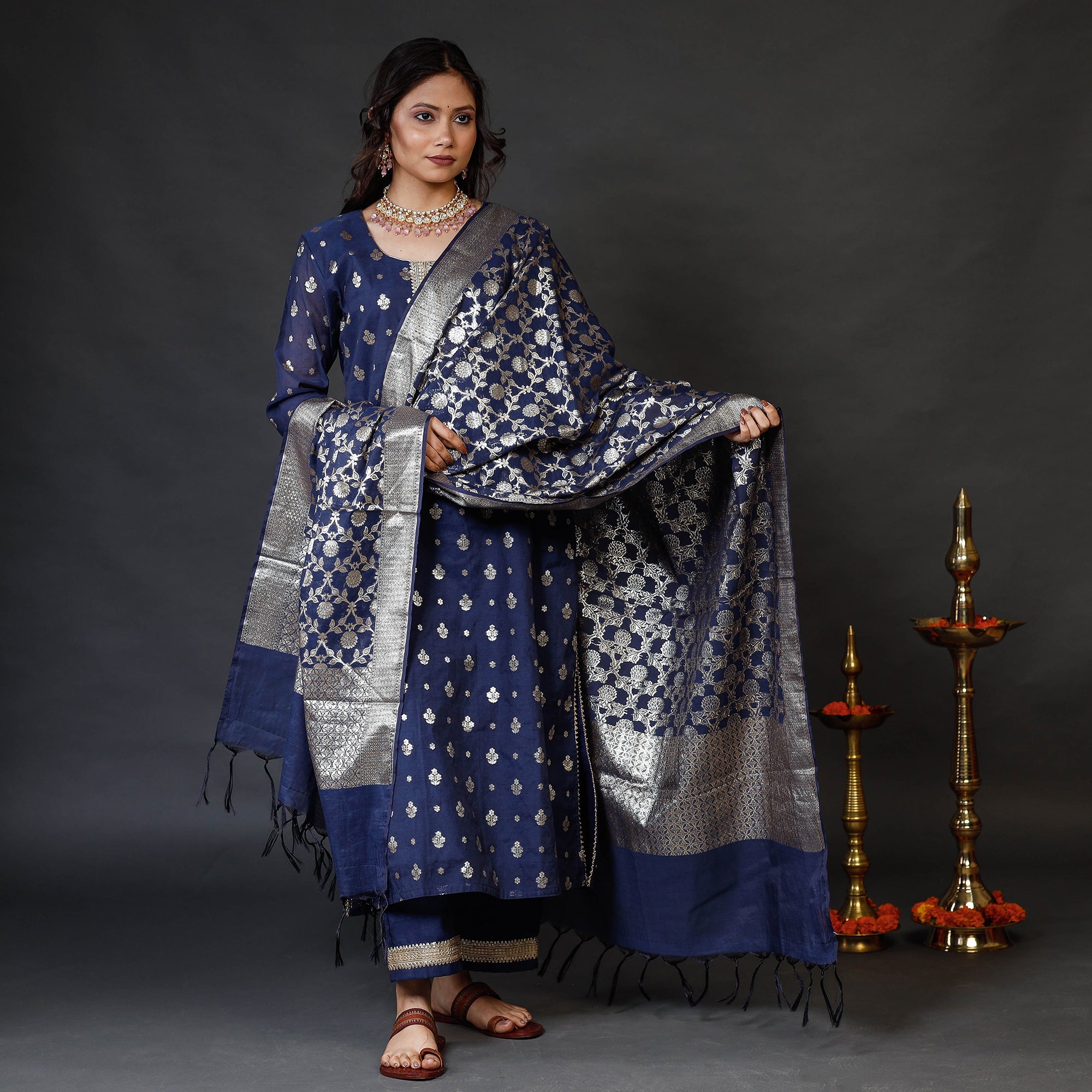 ITOKRI CASUALS Navy Blue Banarasi Silk Zari Work Kurta with Palazzo & Dupatta Set - view 2