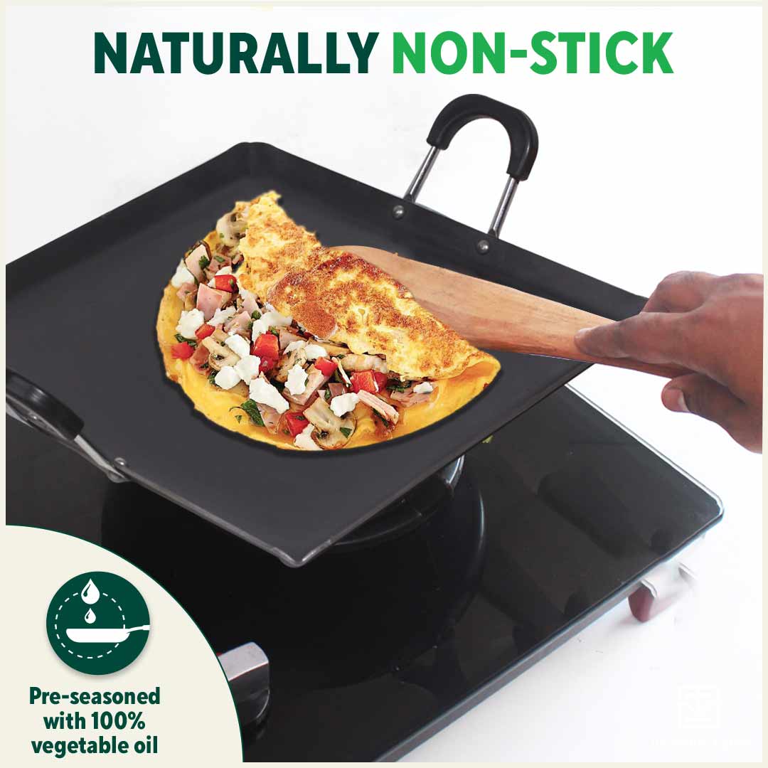 The Indus Valley 100% Pure Sheet Iron Tawa, Square, Cool Bakelite Handle, Seasoned, Toxin-free, Induction, 29.5cm, 1.88kg - view 8