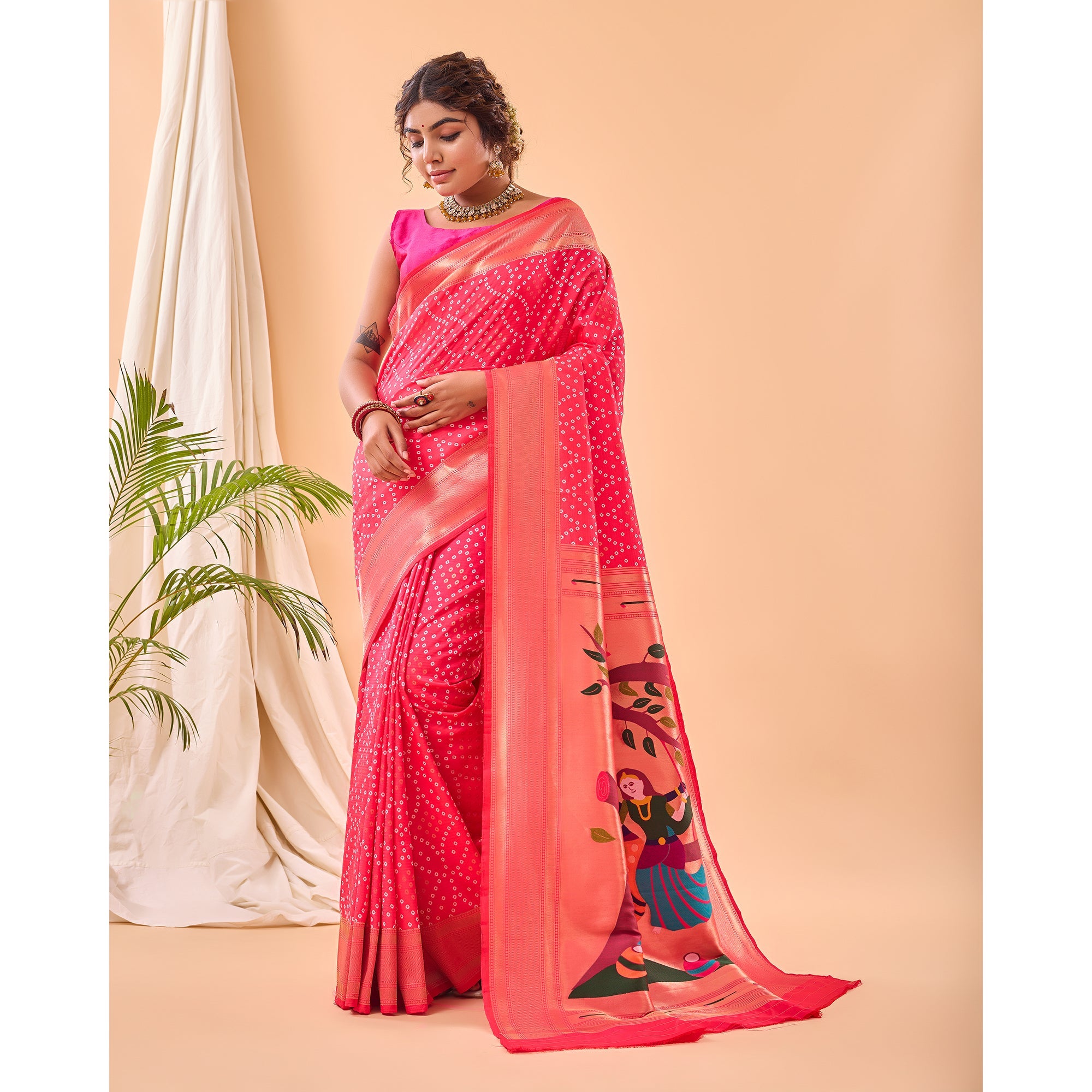 TASARIKA COUTURE Bandhej Paithani Pink Paithani Silk Handwork Saree - view 2