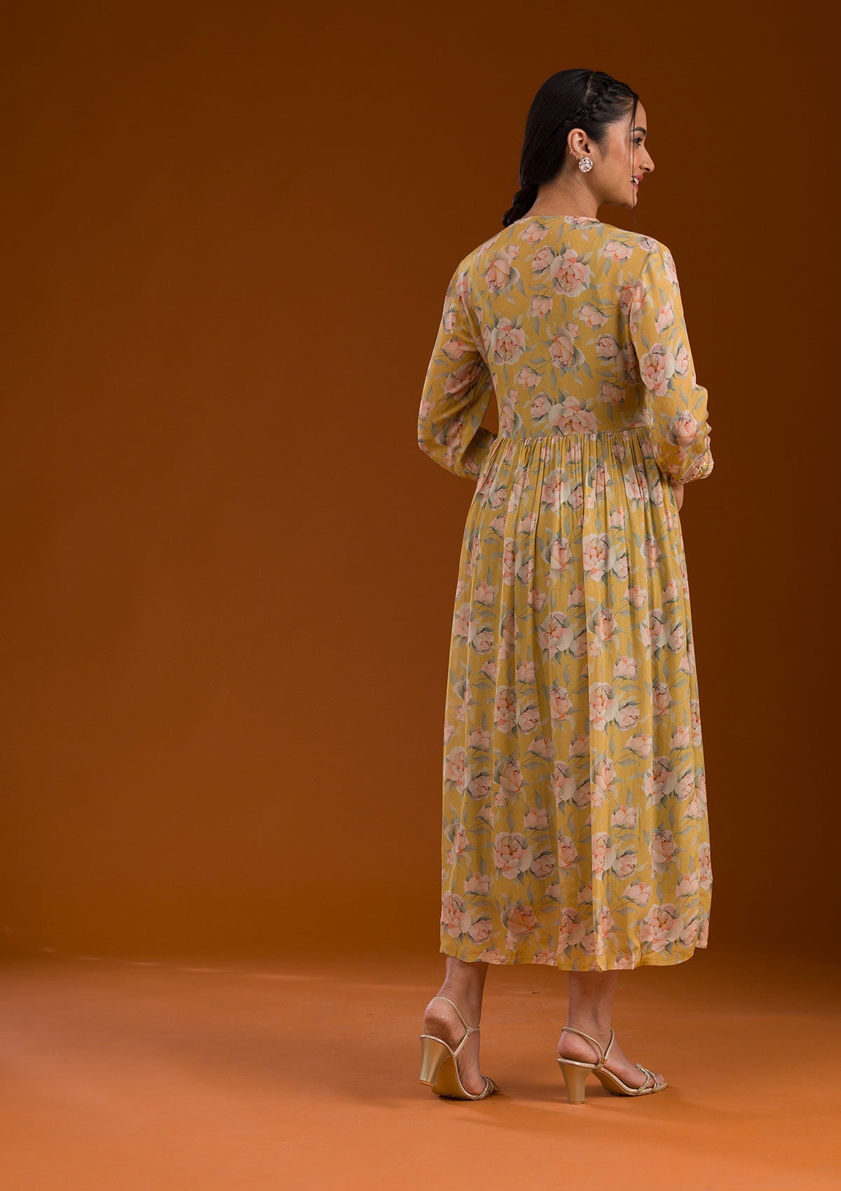 Koskii Mustard Threadwork Chiffon Readymade Salwar Suit - view 2