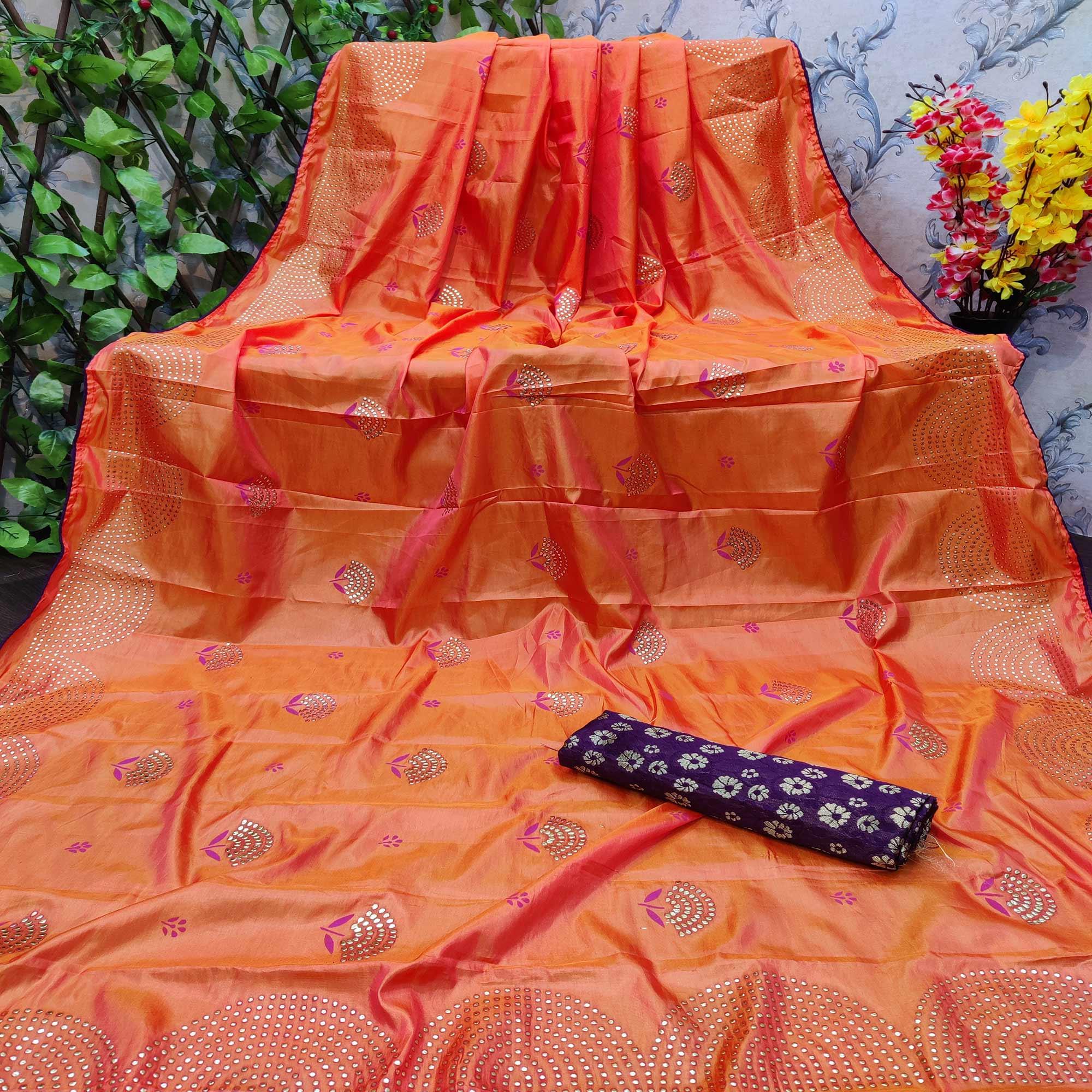Peachmode Energetic Orange Colored Festive Wear Embellished Art Silk Saree