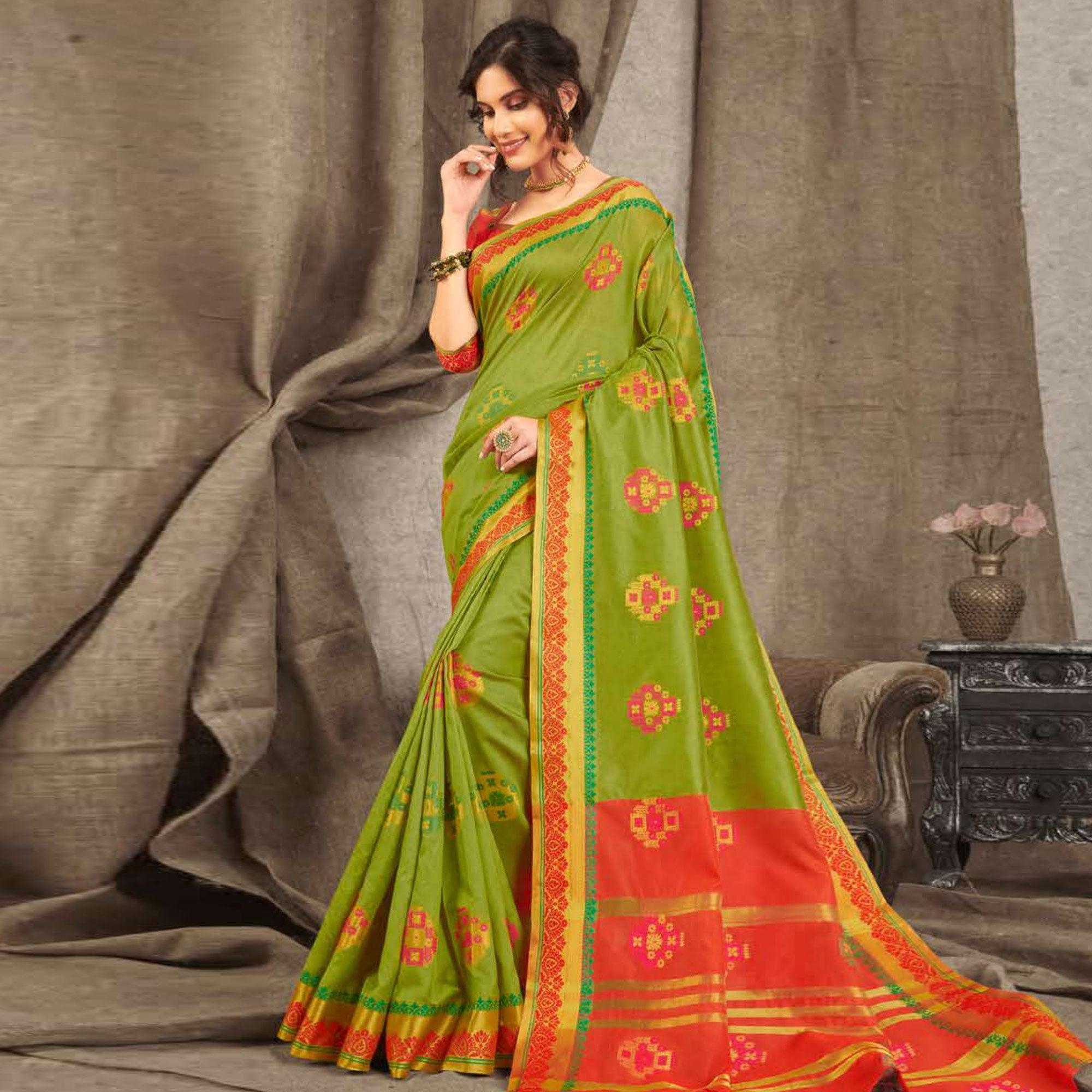 Peachmode Delightful Green Colored Festive Wear Woven Cotton Handloom Saree