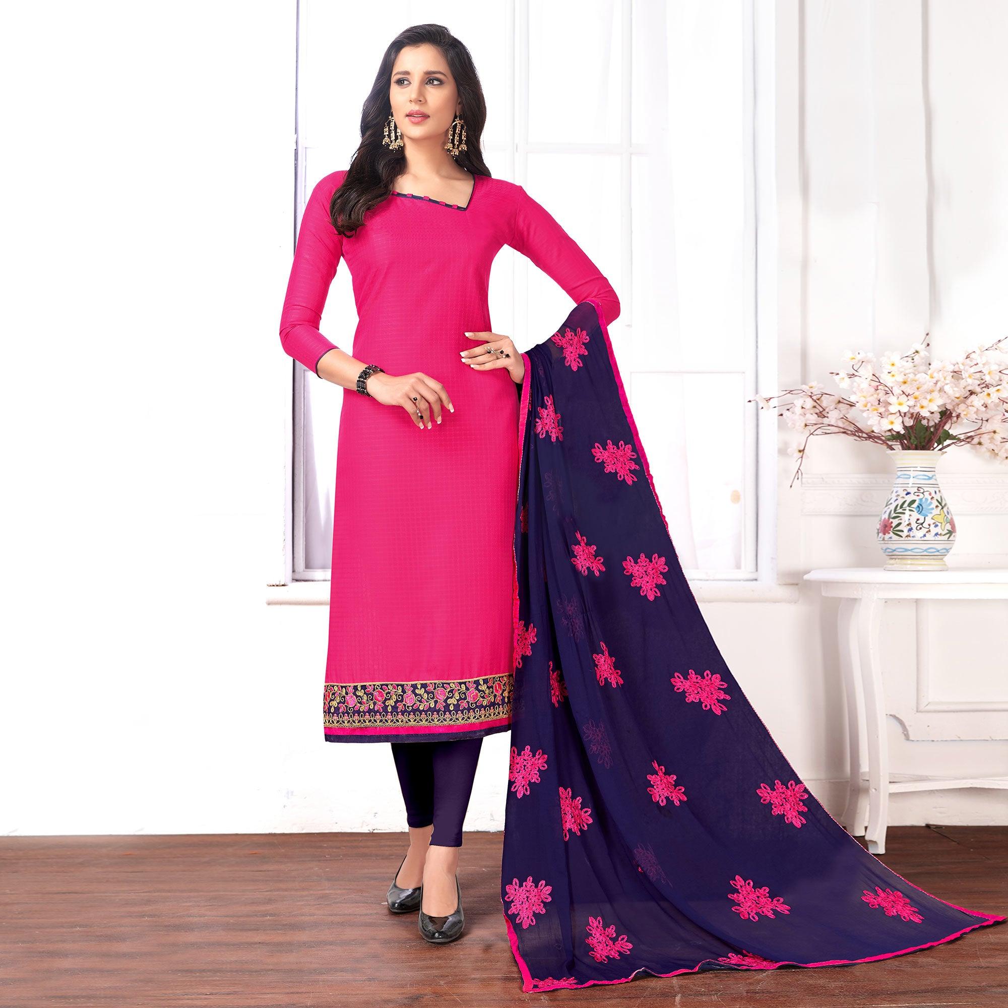 Peachmode Charming Pink Colored Partywear Embroidered Cotton Suit