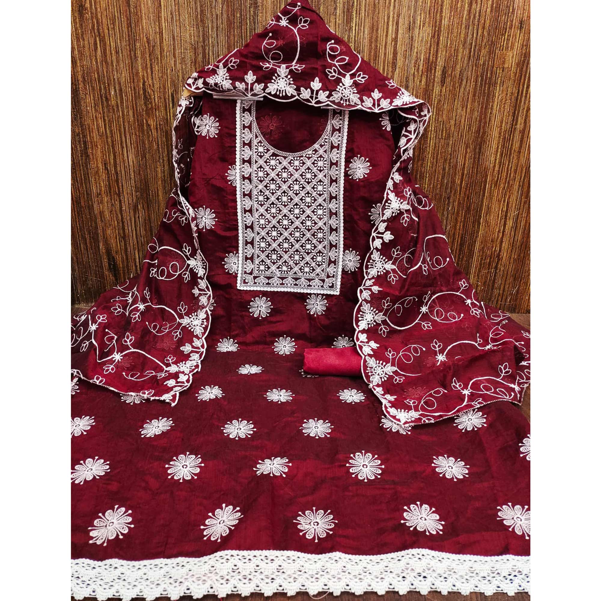 Peachmode Maroon Floral Embroidered Chanderi Dress Material - view 3