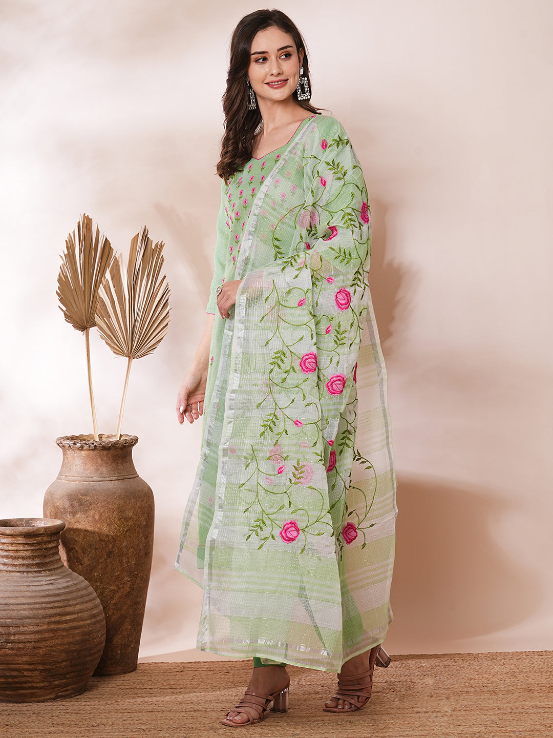 FASHOR Solid Floral Embroidered Straight Fit Kota Doriya Kurta with Dupatta & Pant - Green - view 5