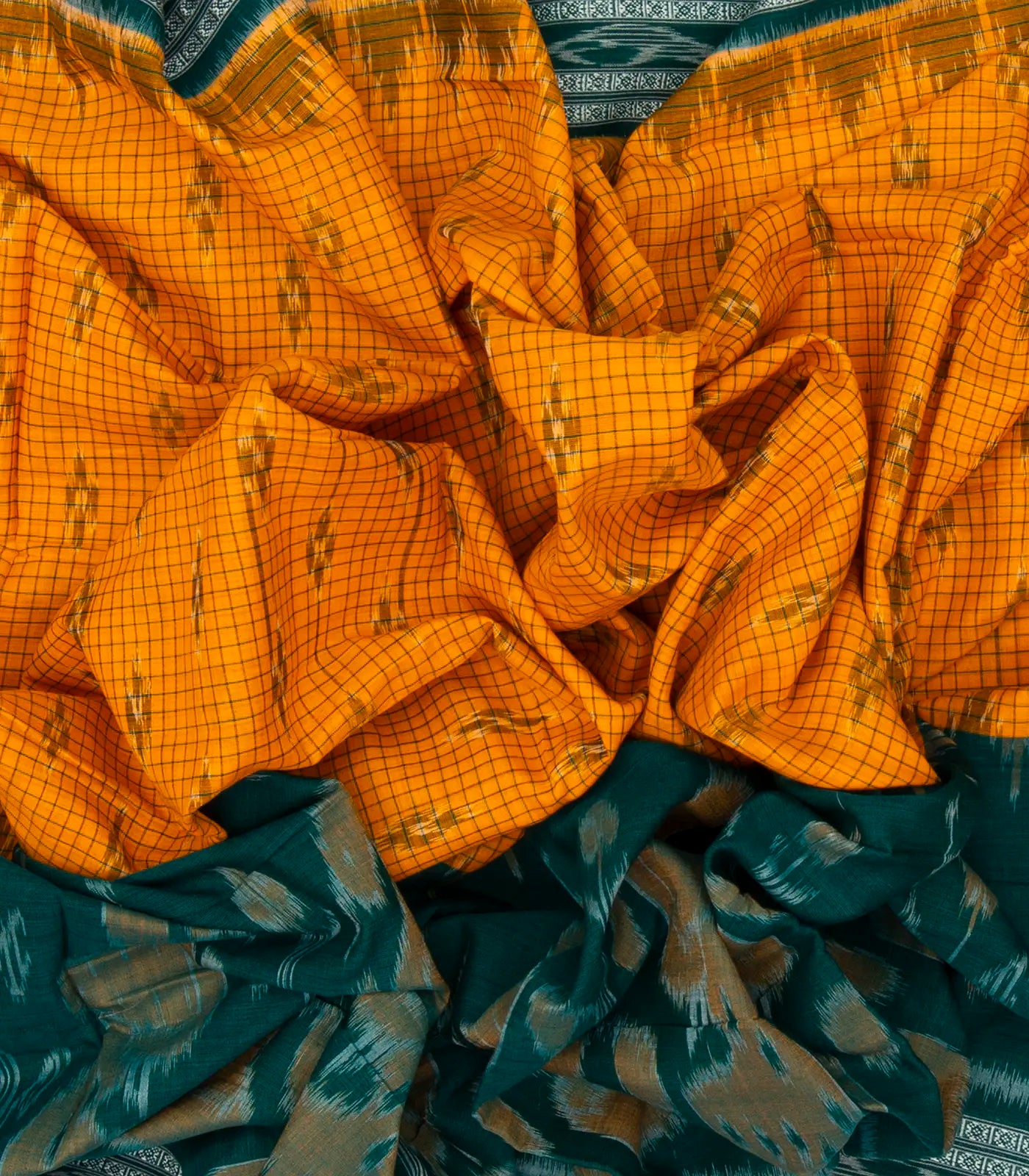 RmKV Mustard Handloom Orissa Cotton Saree With Teal Border - view 3