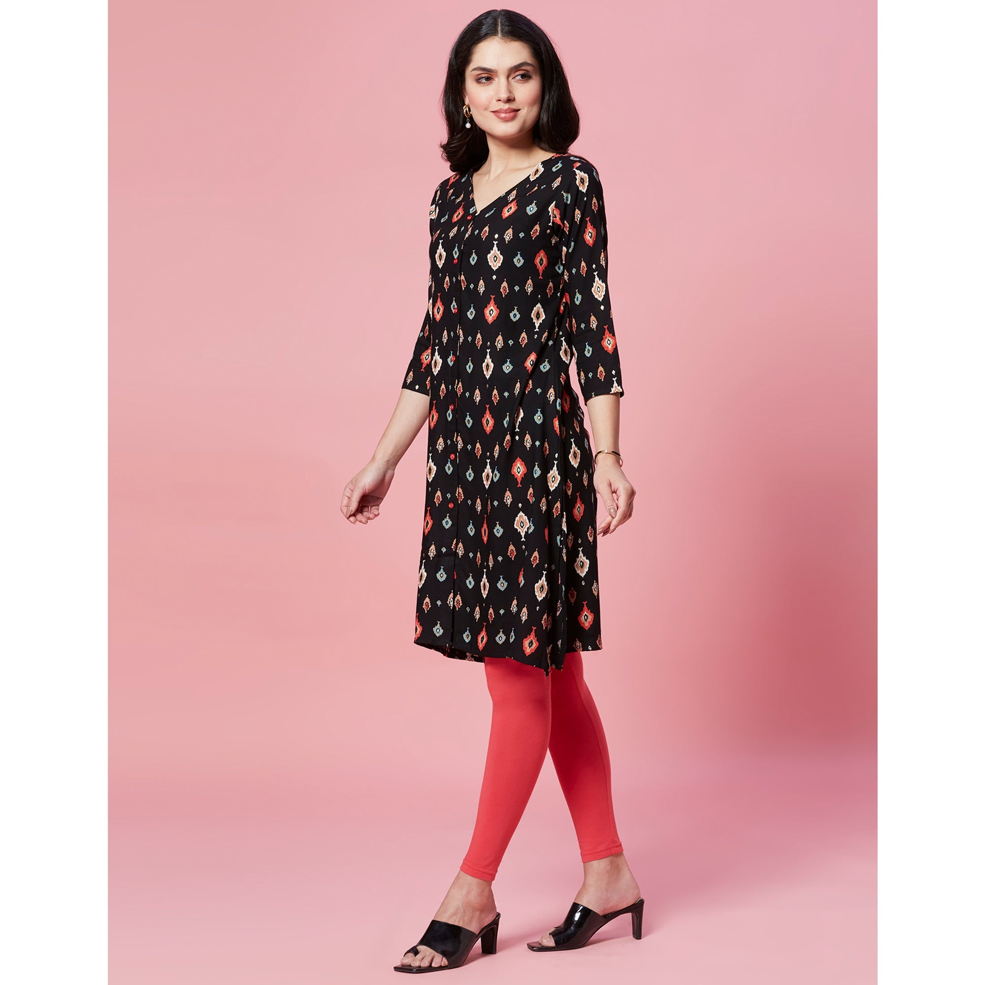 Peachmode Black Ikkat Printed Rayon Straight Kurti - view 5