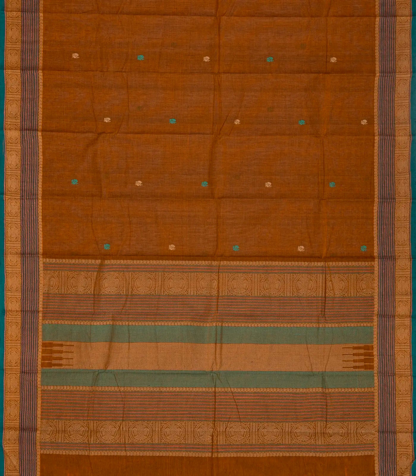 RmKV Oil Mustard Handloom Kanchi Cotton Saree With Annam Buttas - view 2