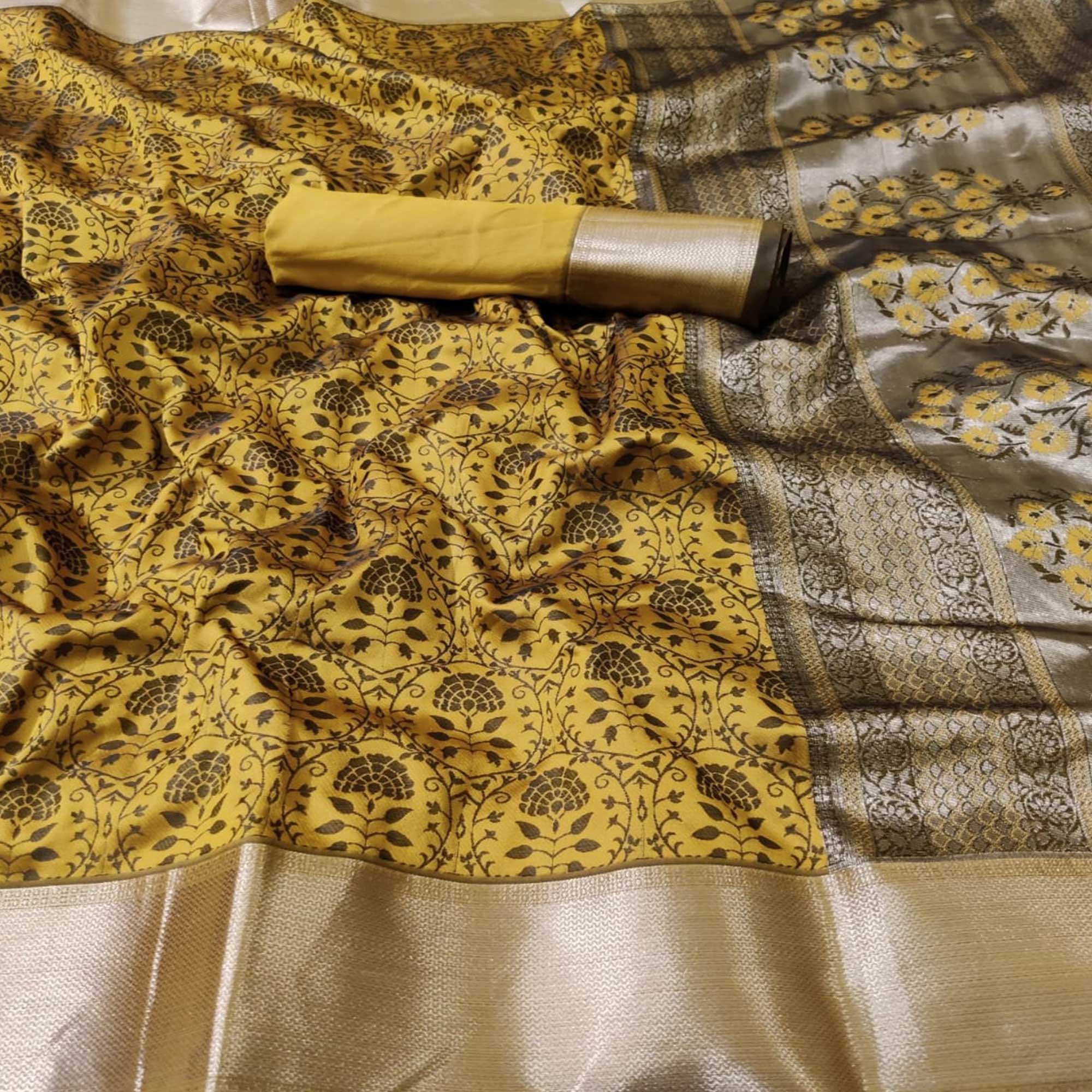 Peachmode Engrossing Yellow Colored Festive Wear Woven Heavy Silk Saree - view 2