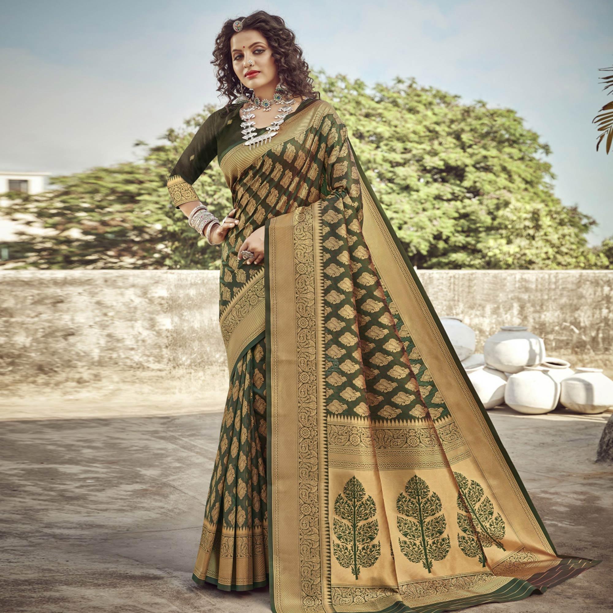 Green sarees – BlackTree green-festive-wear-woven-banarasi-jacquard-saree-121163