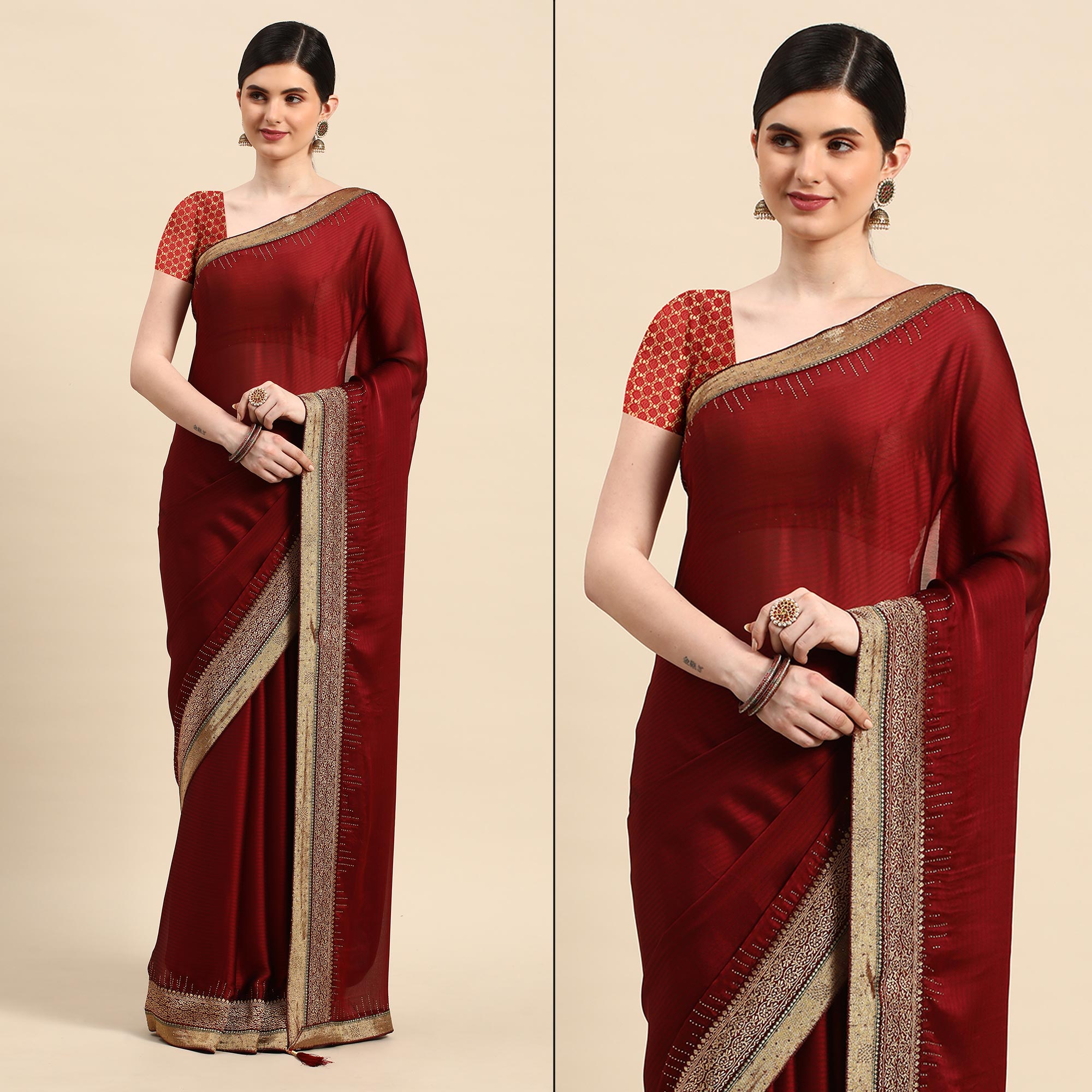Peachmode Maroon Swarovski With Fancy Border Satin Silk Saree