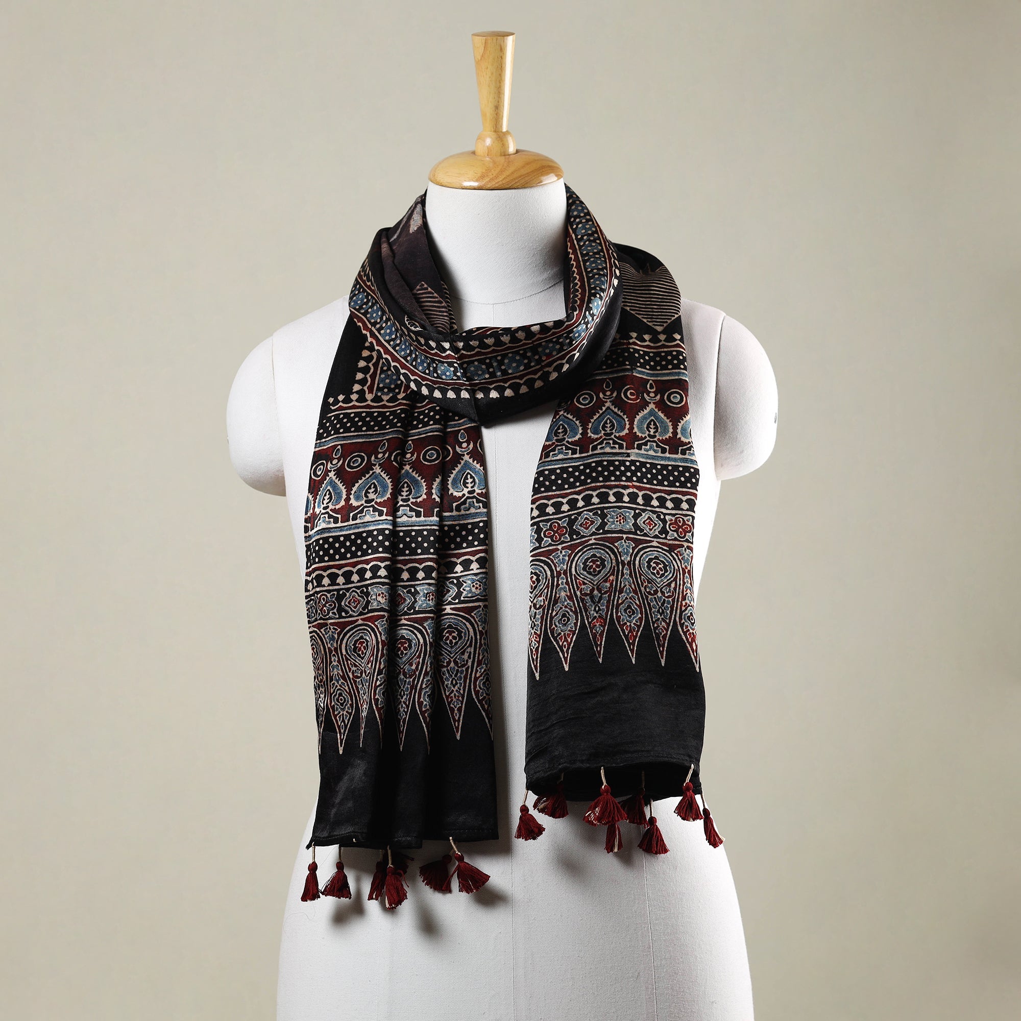 RIYAZ ABDULMAJID KHATRI - AJRAKH Black - Ajrakh Hand Block Printed Mashru Silk Stole with Tassels