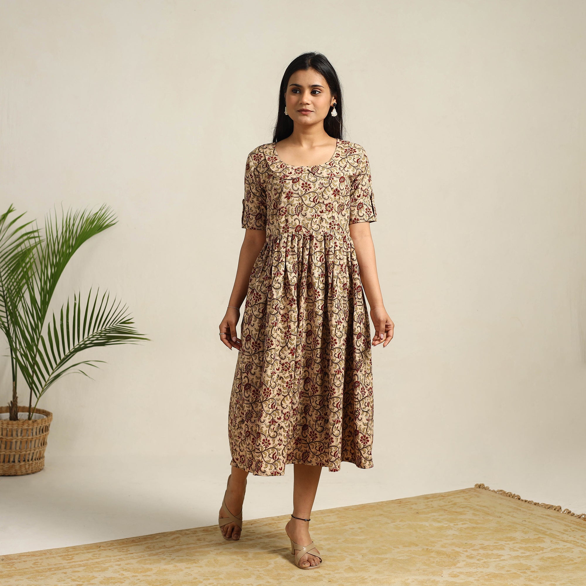 ITOKRI CASUALS Beige - Pedana Block Print Cotton Flared Kalamkari Dress 08 - view 2