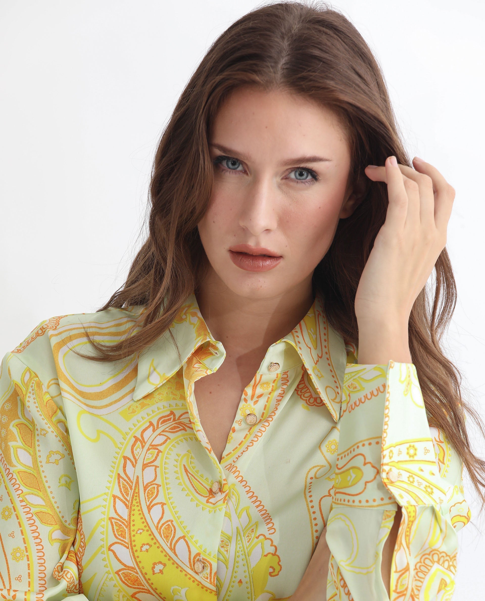 Rareism Women Lander Light Yellow Polyester Fabric Full Sleeves Button Closure Shirt Collar Regular Fit Paisley Print Top - view 4