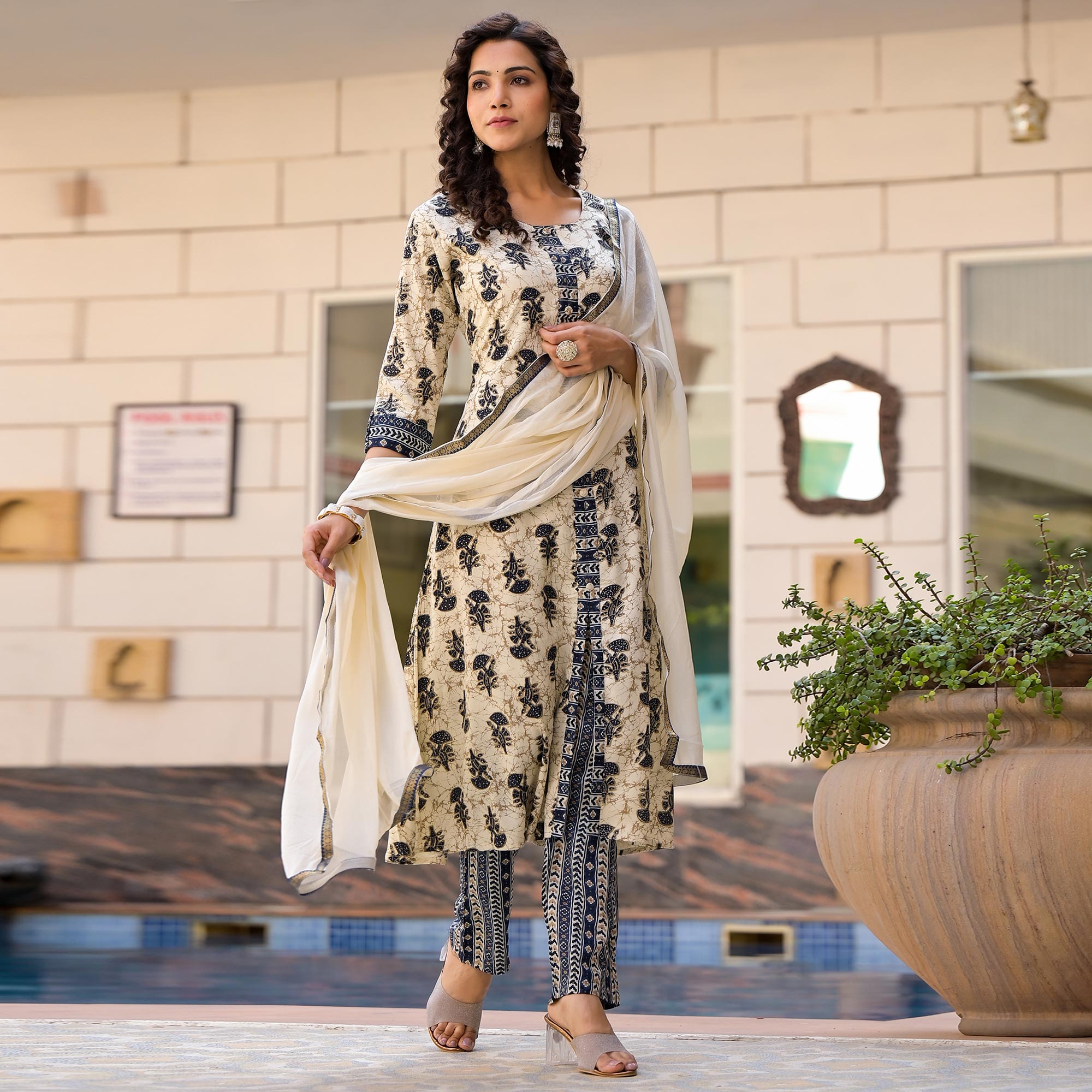Peachmode Chikoo & Navy Blue Floral Foil Printed Rayon A-Line Salwar Suit - view 2