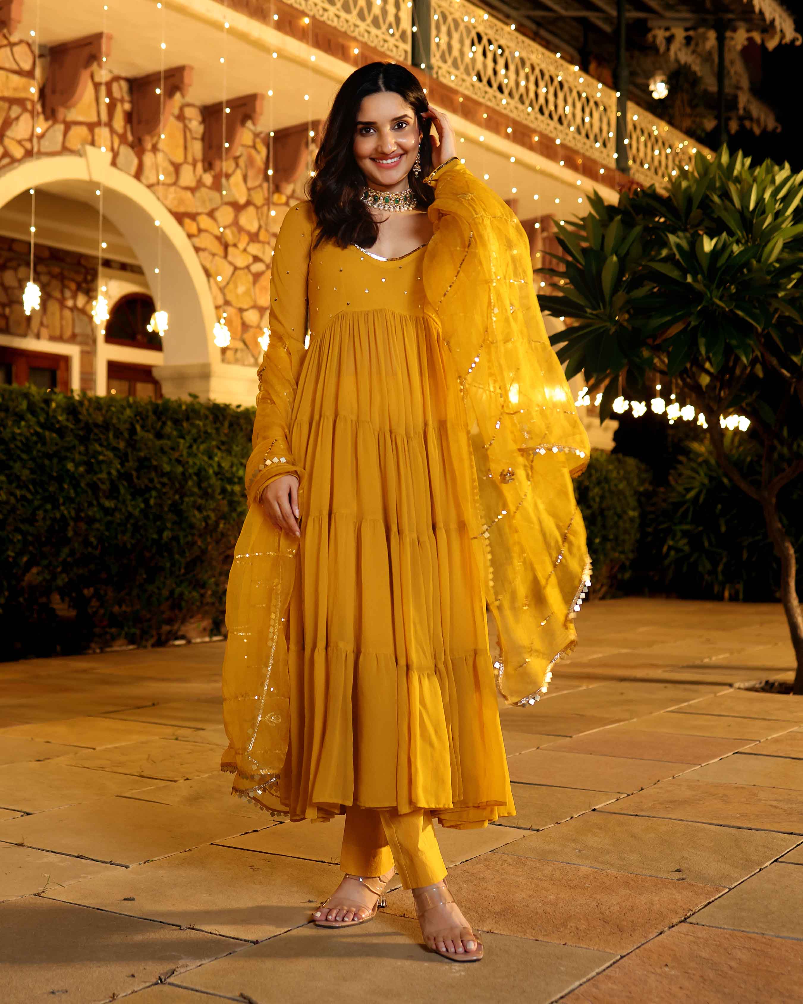 Aachho Shimmering Mustard Sequin Georgette Suit Set
