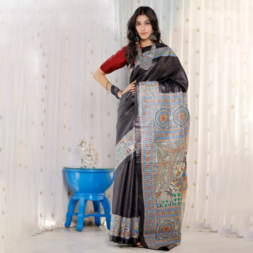 DIORAMA DESIGNS Black - Madhubani Hand-Painted Radha Krishna Tussar Silk Saree