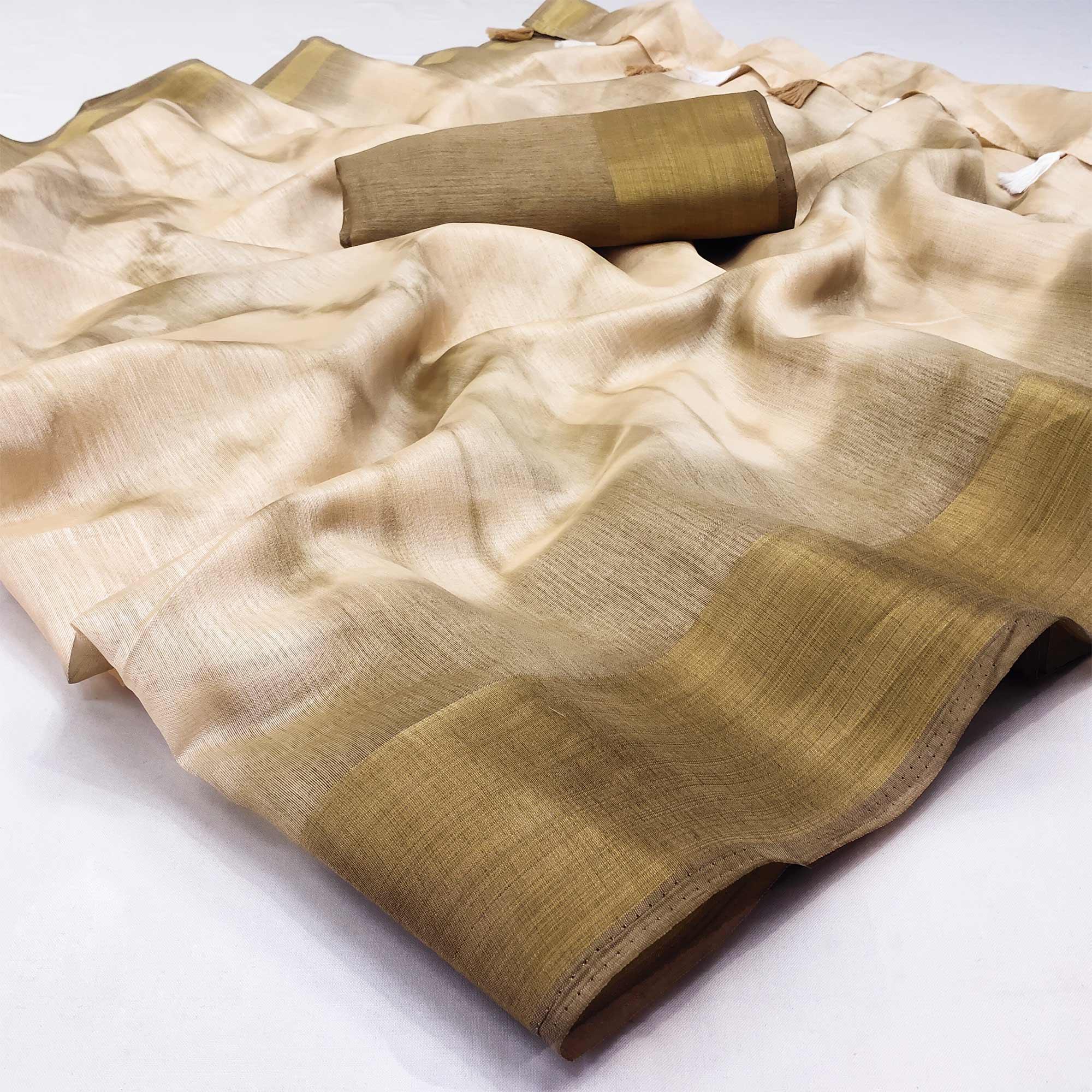 Peachmode Chikoo Printed Cotton Blend Saree With Tassels