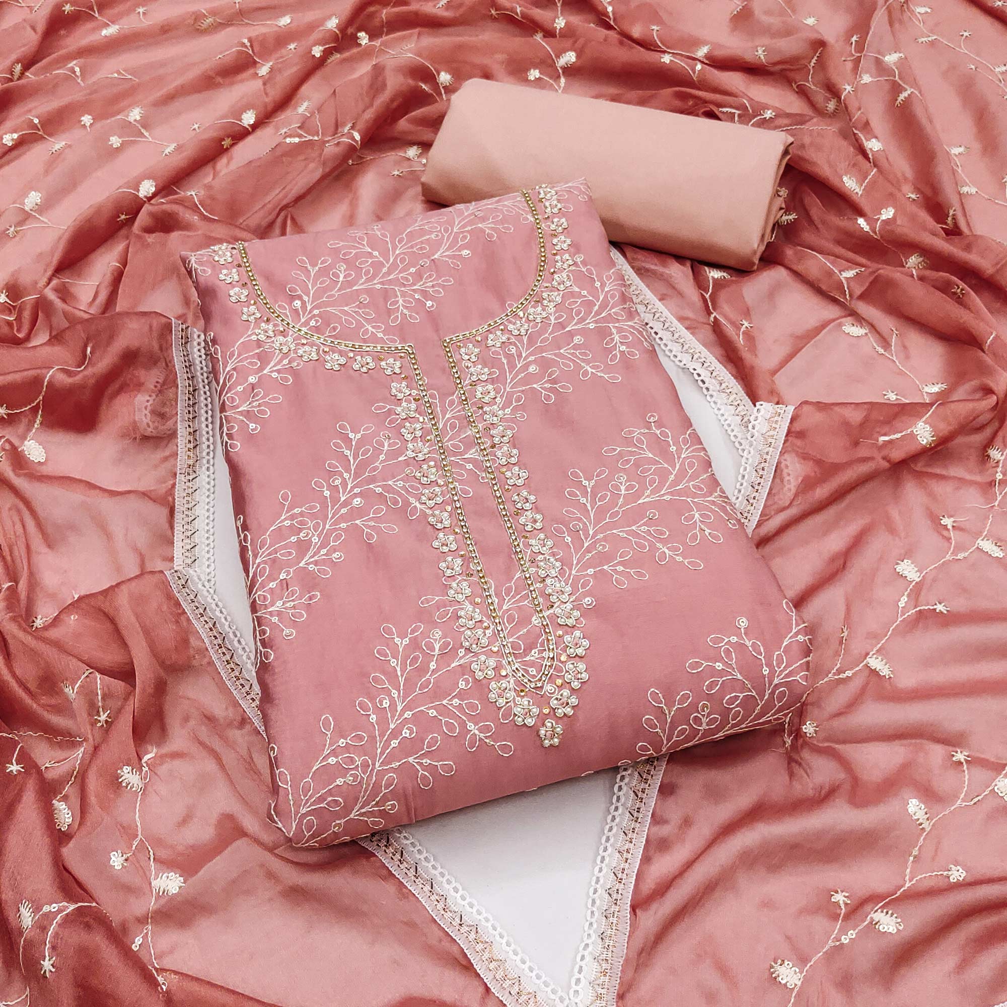 Peachmode Mauve Embroidered Cotton Blend Dress Material