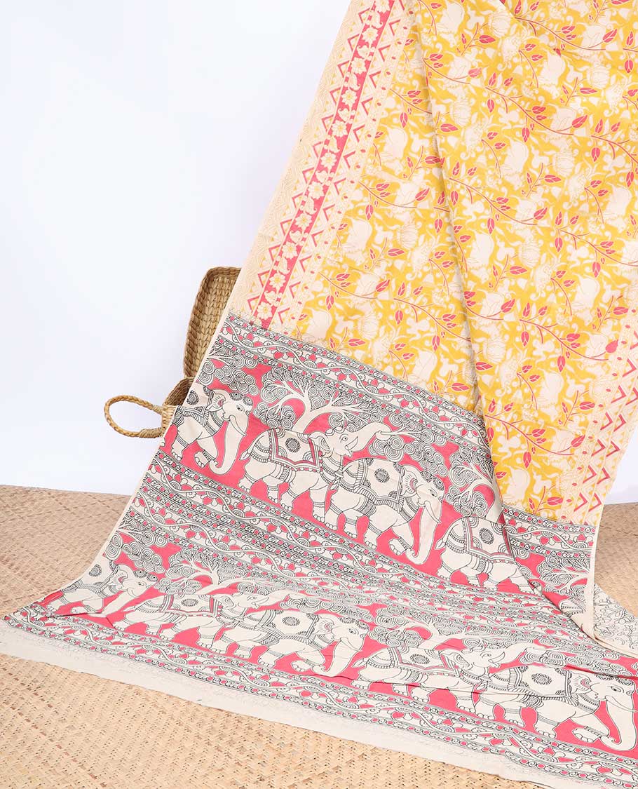 Pothys Yellow leaf vine Machine-printed kalamkari cotton saree, contrast chevron & floral border & elephant motifs pallu