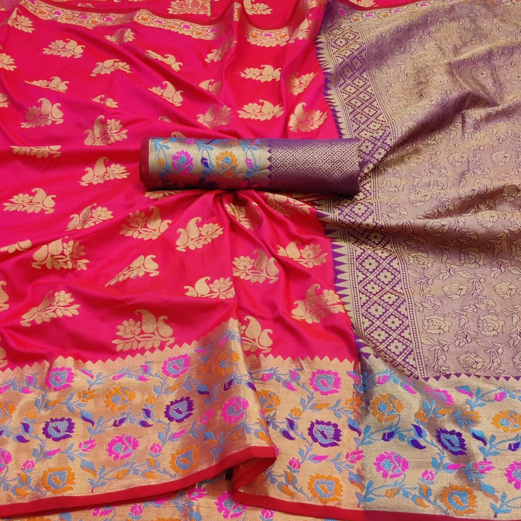 Peachmode Dark Pink Festive Wear Woven Silk Saree With Border - view 2