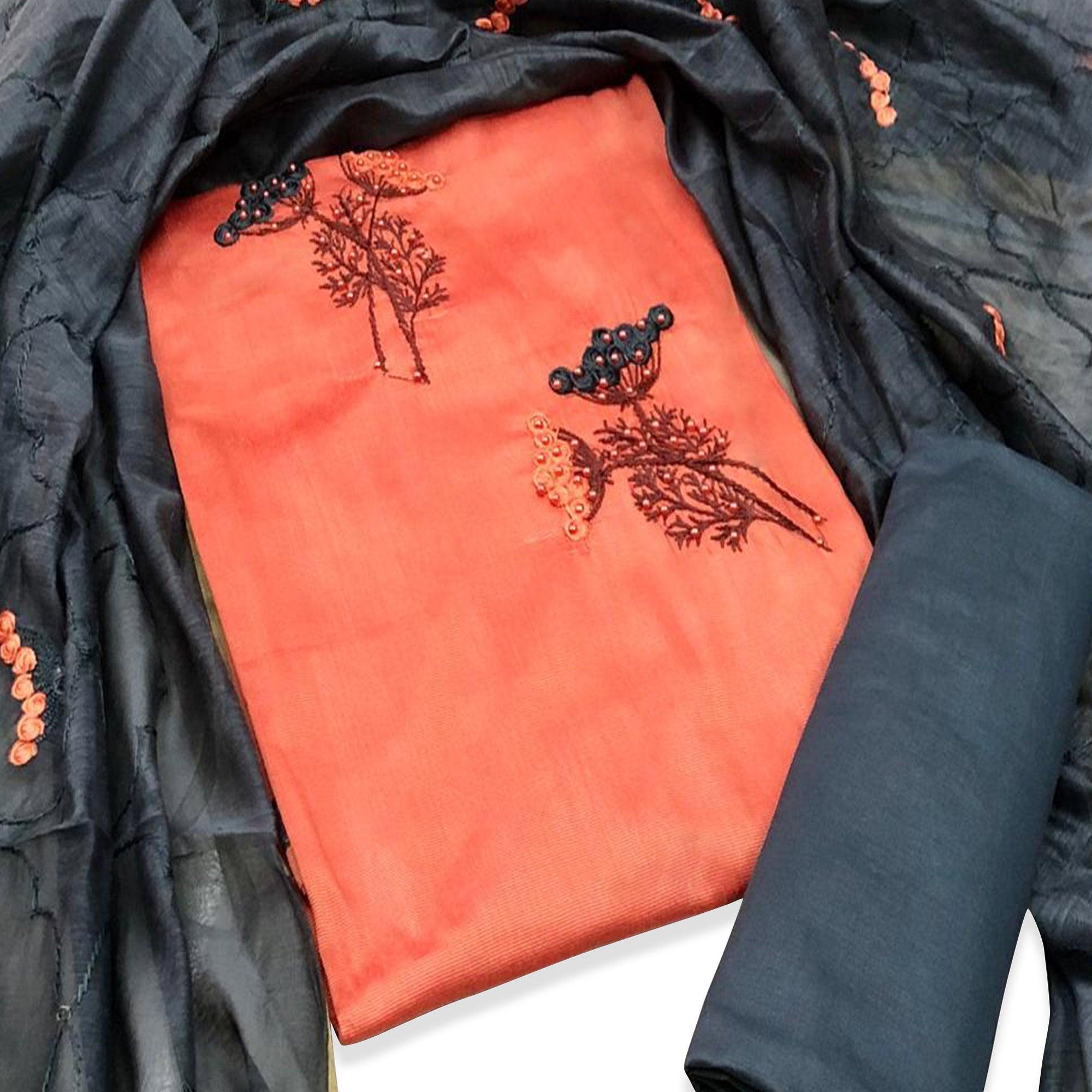 Peachmode Lovely Peach Colored Casual Wear Embroidered Cotton Dress Material
