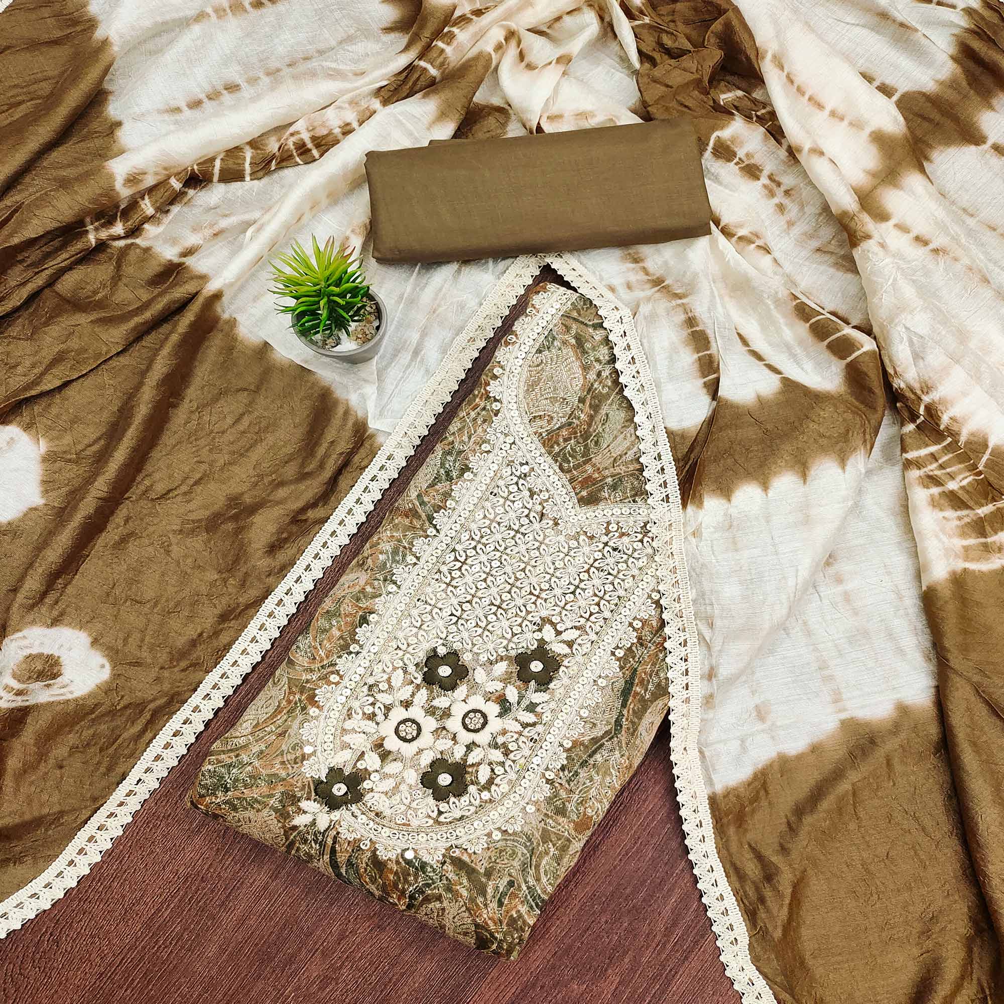 Peachmode Brown Floral Embroidered Pure Cotton Dress Material